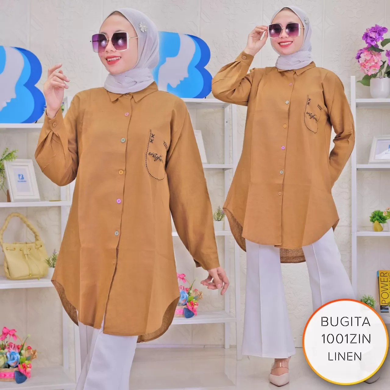 Tunik Kemeja JUMBO Bahan Linen Motif Bordir Saku Kiri Full Kancing Bugita