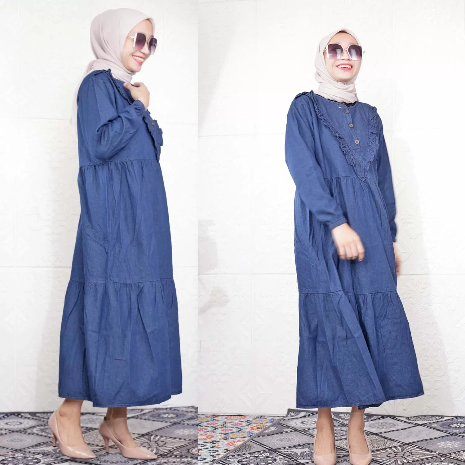 Midi Jeans Busui Kancing Variasi Ruffle Umpak Bawah Keliling Kayola