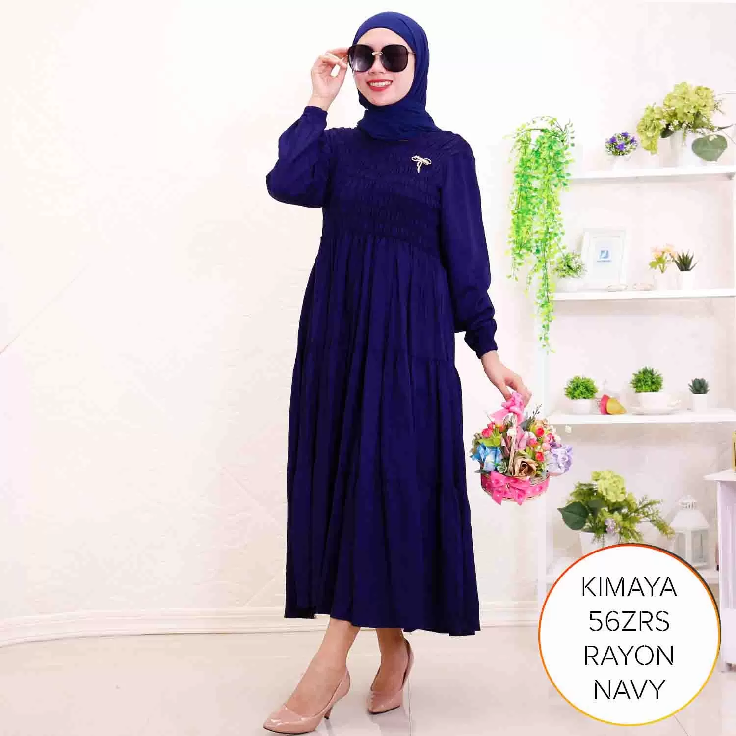 Midi Dress Rayon Twill Kerut Karet Umpak Keliling Wudhu Friendly Kimaya 17 4