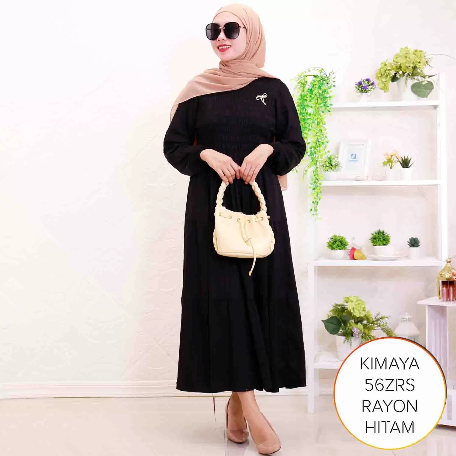 Midi Dress Rayon Twill Kerut Karet Umpak Keliling Wudhu Friendly Kimaya 17 4