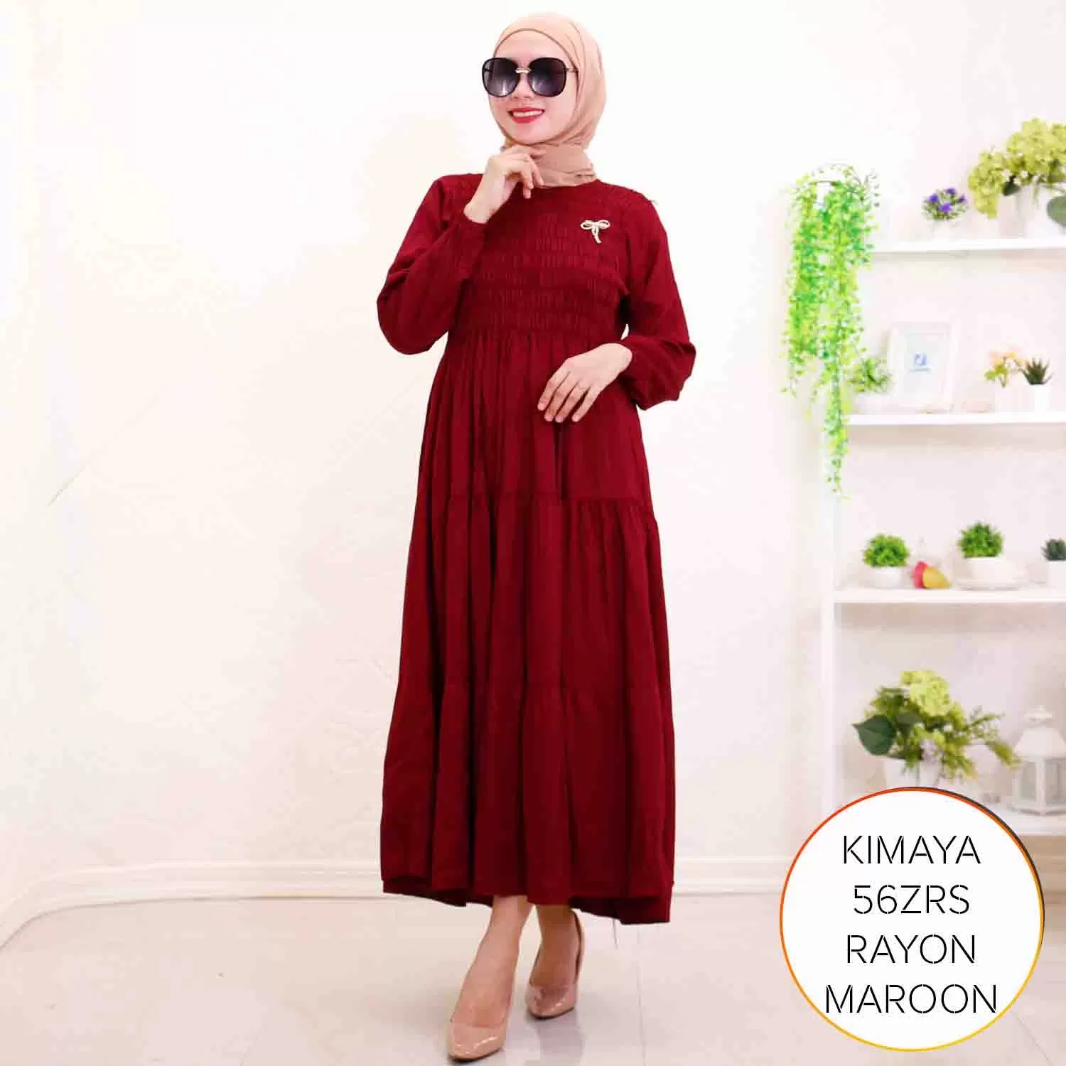 Midi Dress Rayon Twill Kerut Karet Umpak Keliling Wudhu Friendly Kimaya 17 4