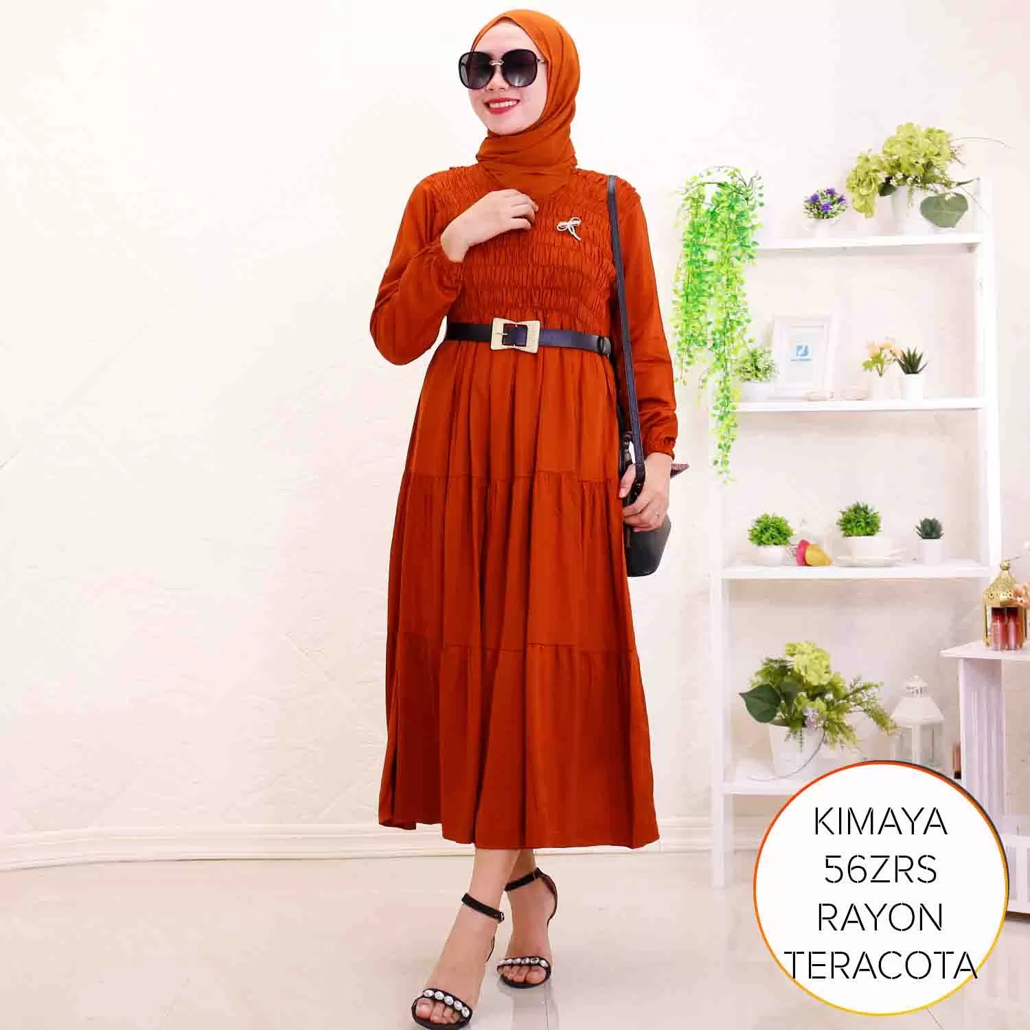 Midi Dress Rayon Twill Kerut Karet Umpak Keliling Wudhu Friendly Kimaya 17 4