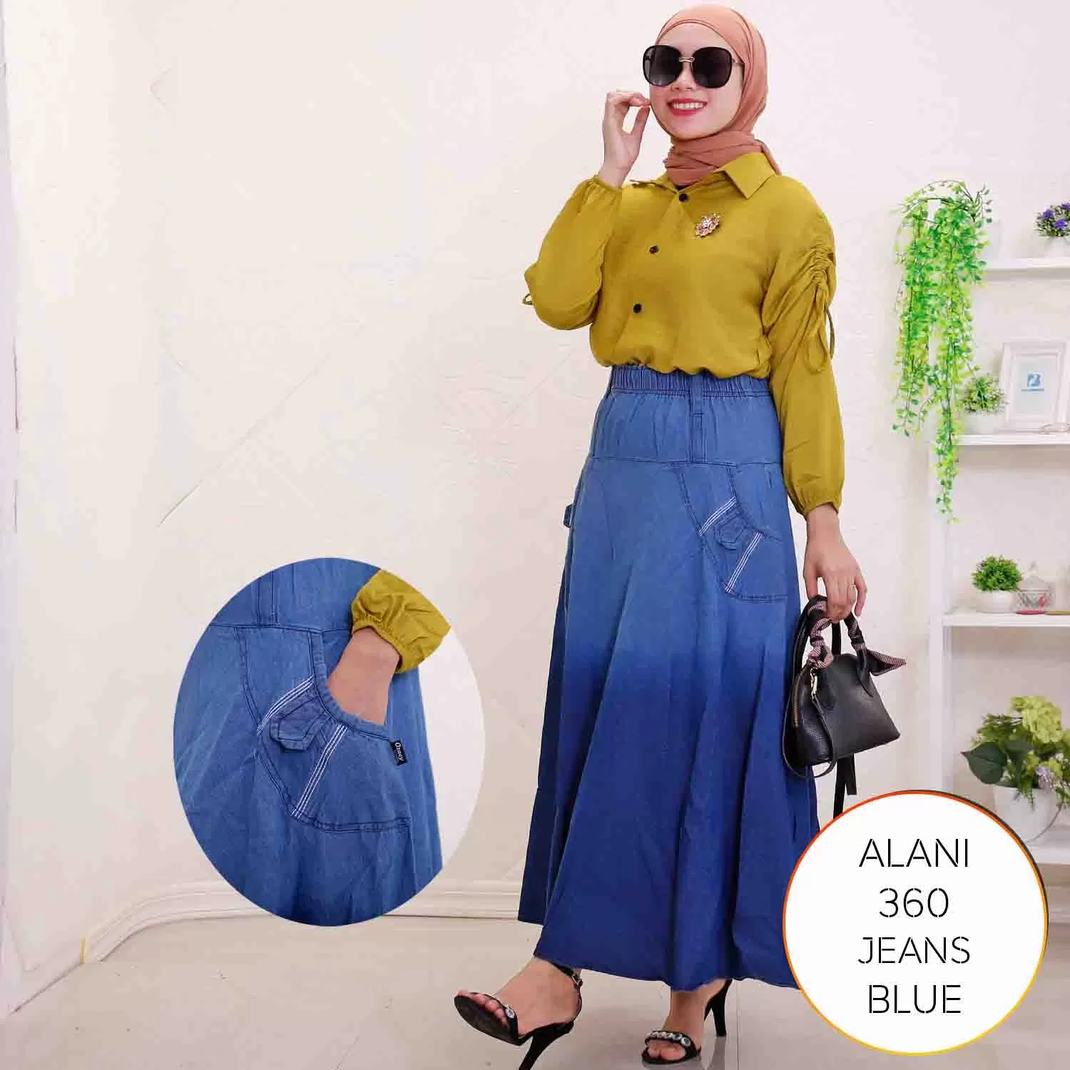 Rok Jeans Wanita Pinggang Karet Saku Samping Alani