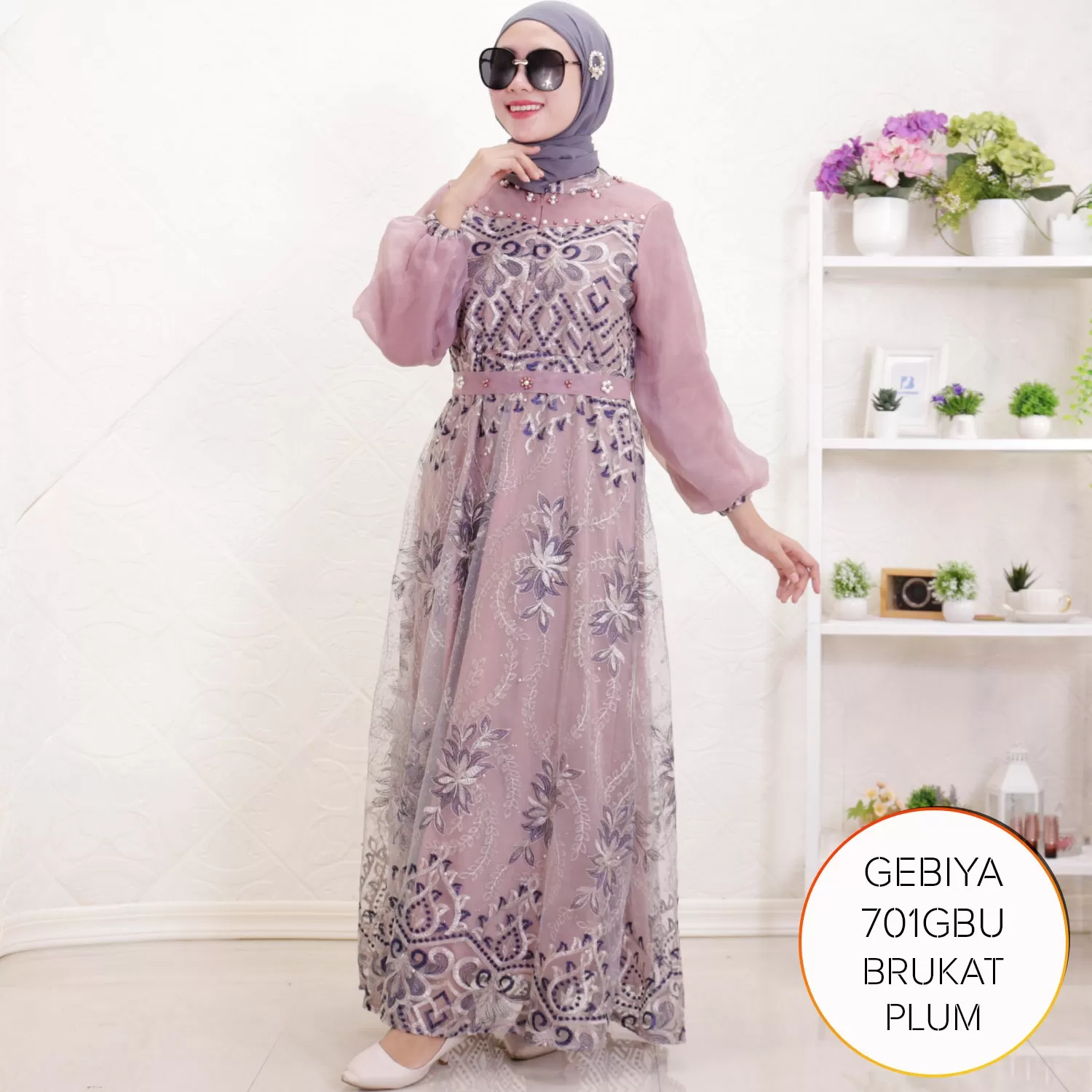 Gamis Pesta Brukat Mix Organza Busui Aksen Mutiara Gebiya