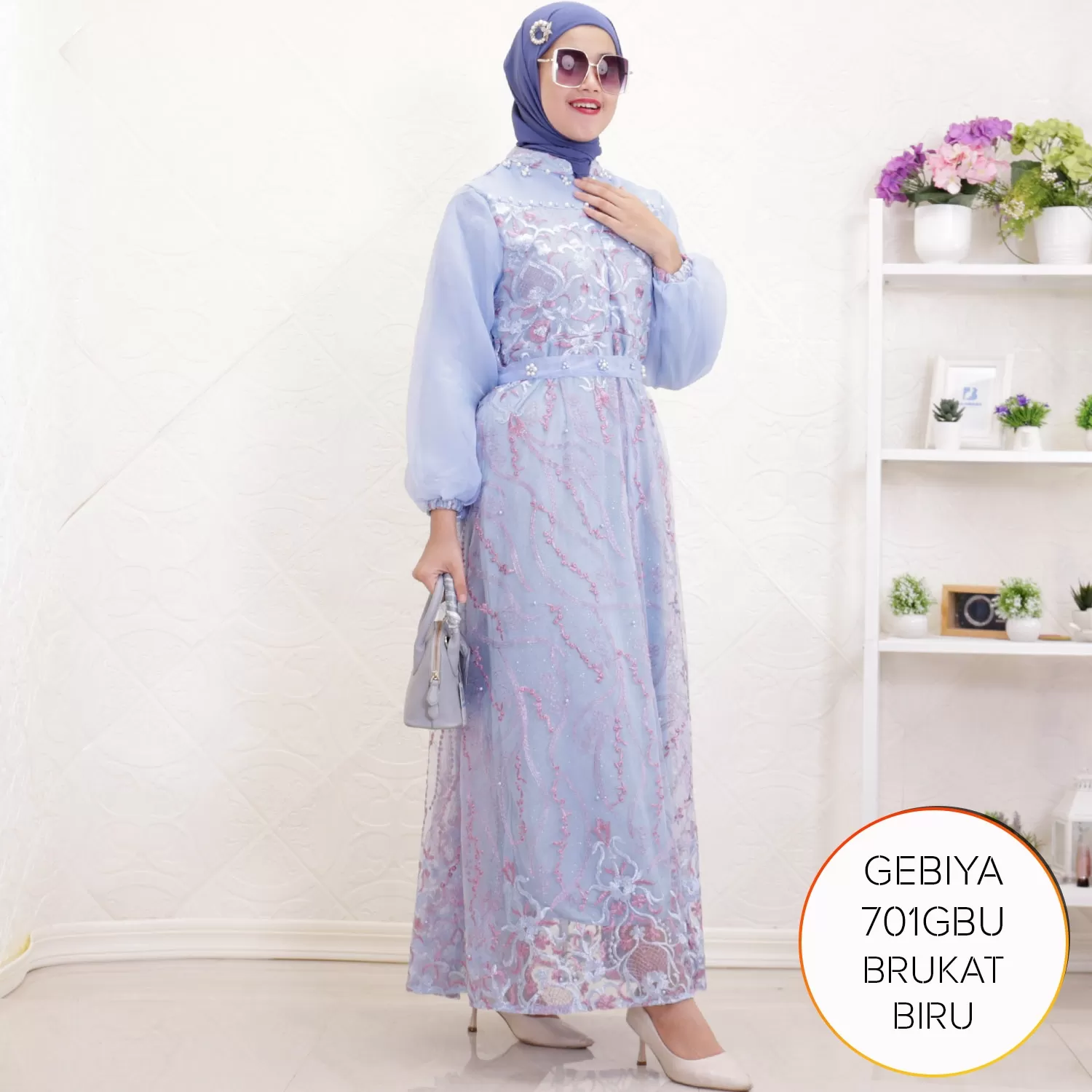 Gamis Pesta Brukat Mix Organza Busui Aksen Mutiara Gebiya