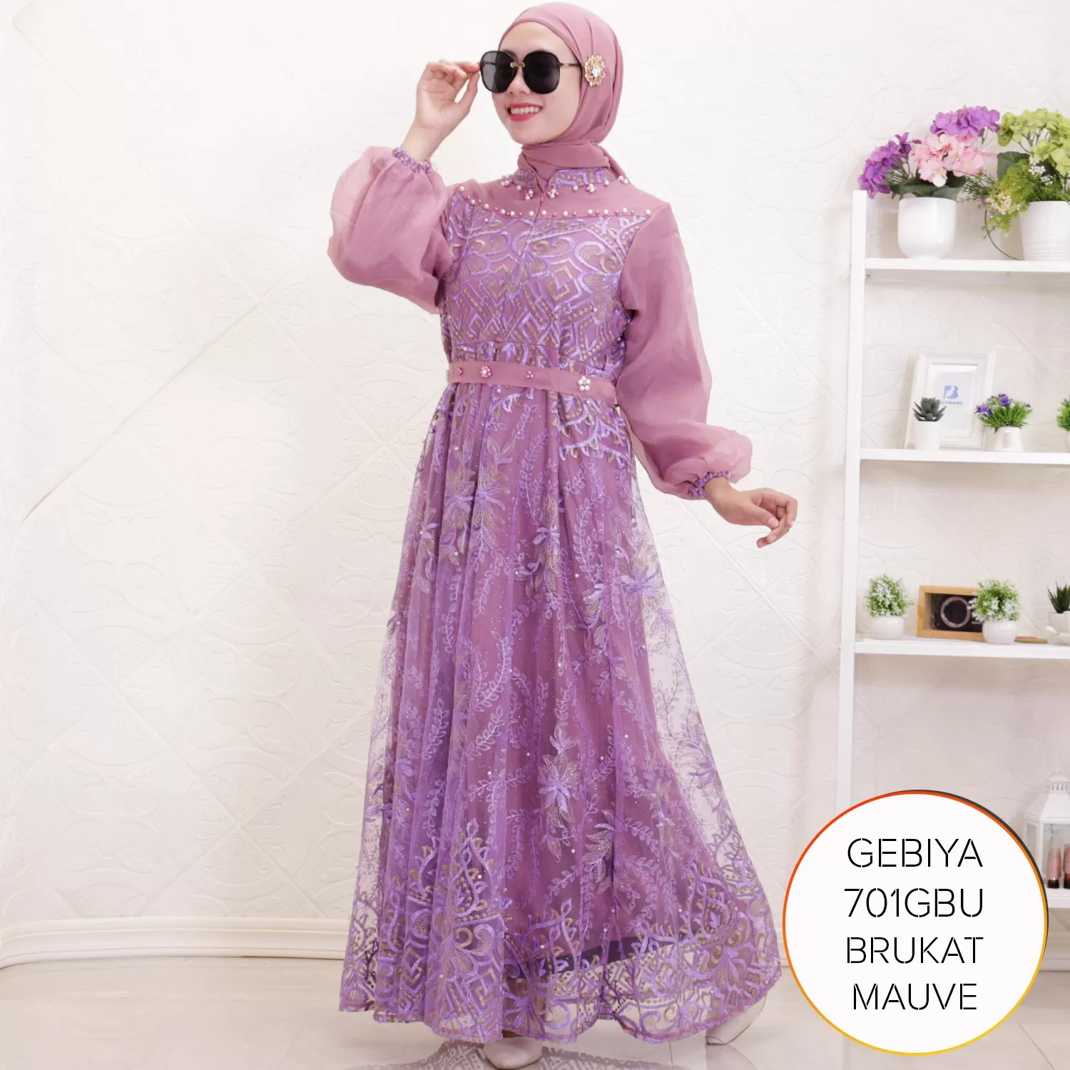 Gamis Pesta Brukat Mix Organza Busui Aksen Mutiara Gebiya