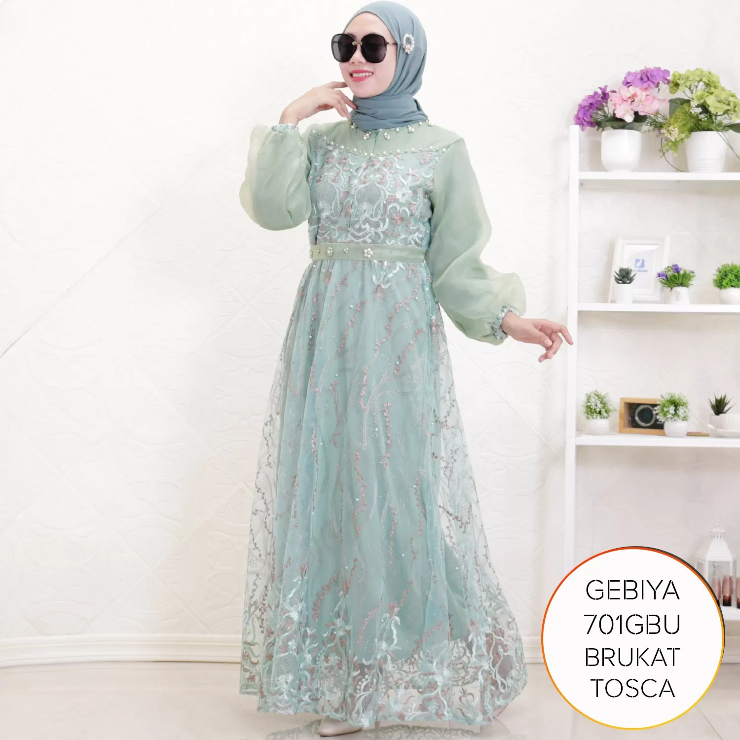 Gamis Pesta Brukat Mix Organza Busui Aksen Mutiara Gebiya