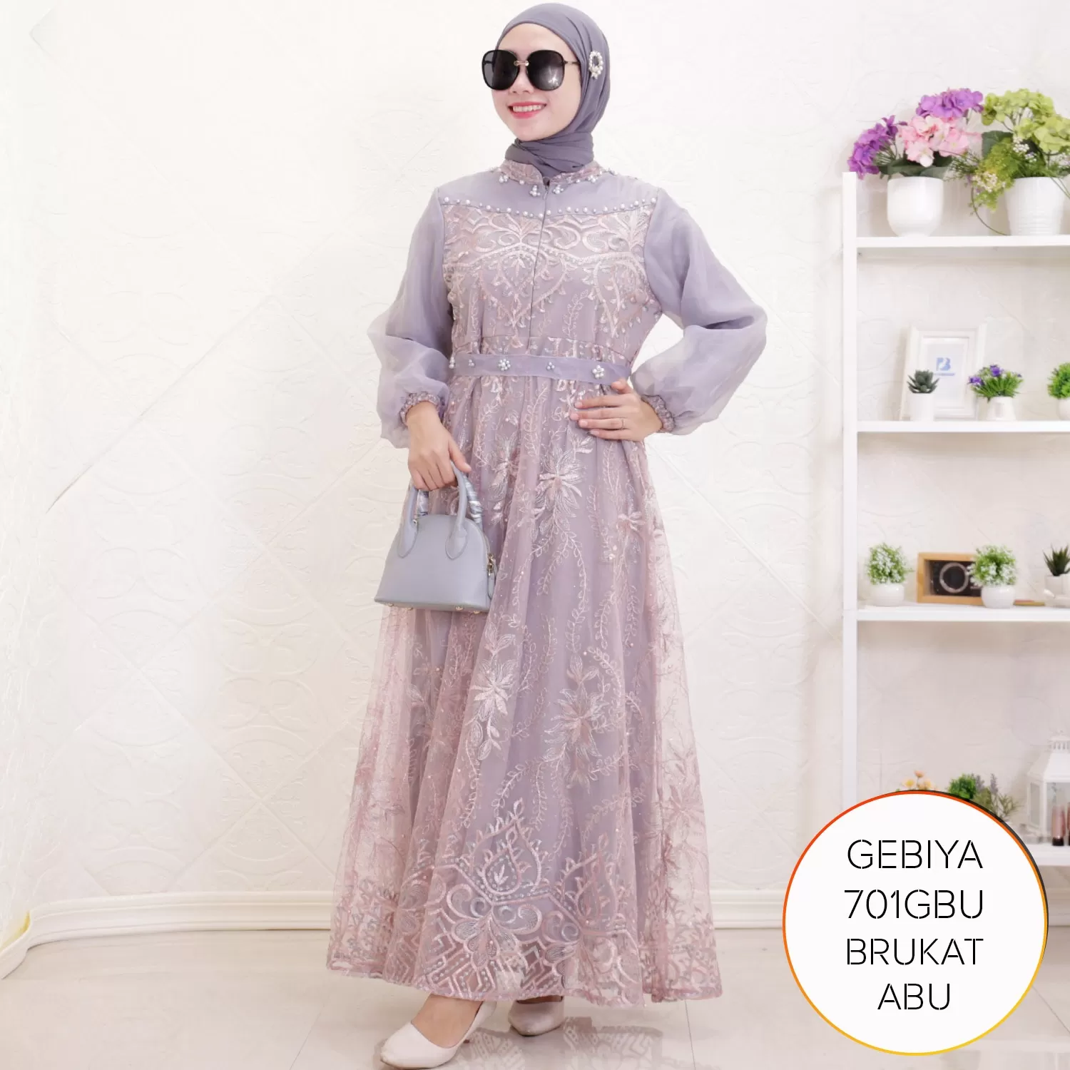 Gamis Pesta Brukat Mix Organza Busui Aksen Mutiara Gebiya