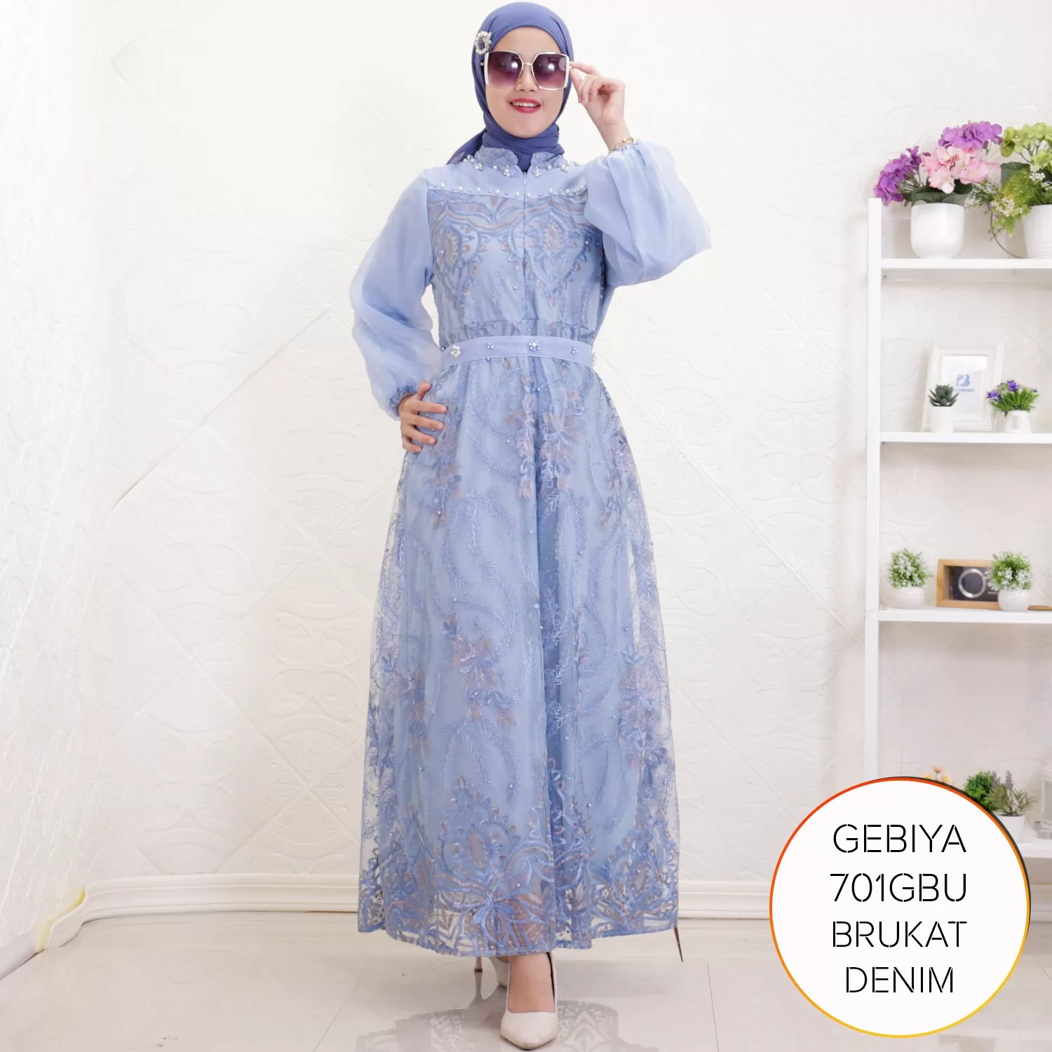 Gamis Pesta Brukat Mix Organza Busui Aksen Mutiara Gebiya