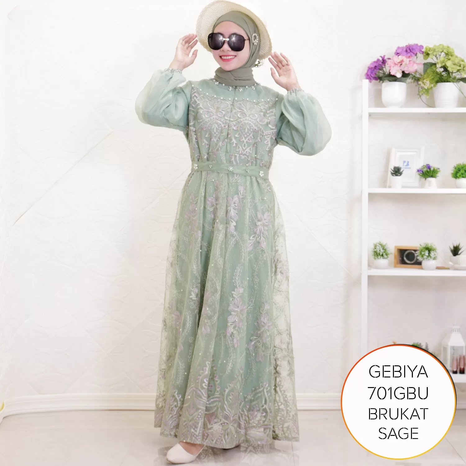 Gamis Pesta Brukat Mix Organza Busui Aksen Mutiara Gebiya