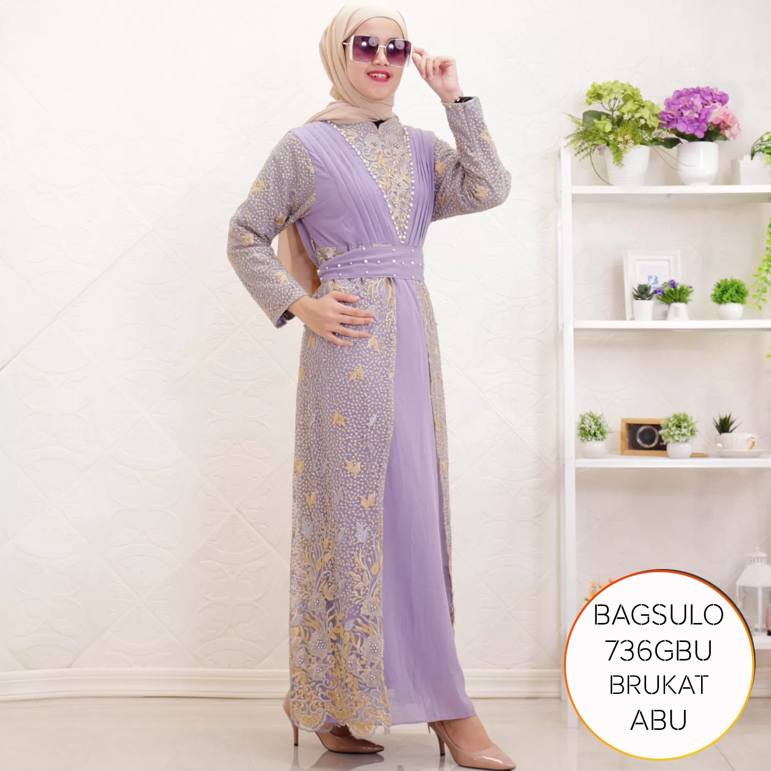 Gamis Pesta Ceruty Mix Brukat Mutiara Lipit Bagsulo 736GBU Ceruty Brukat - bajubaru.id, Belanja Online di bajubaru.id saja 