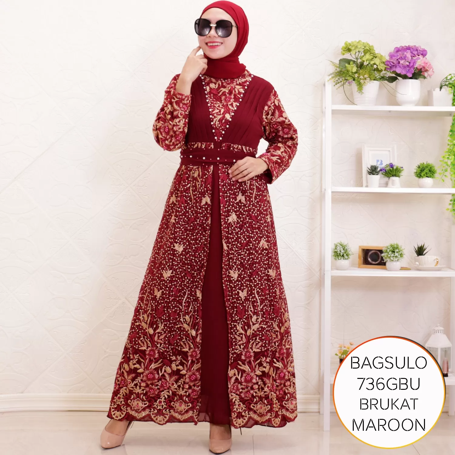 Gamis Pesta Ceruty Mix Brukat Mutiara Lipit Bagsulo