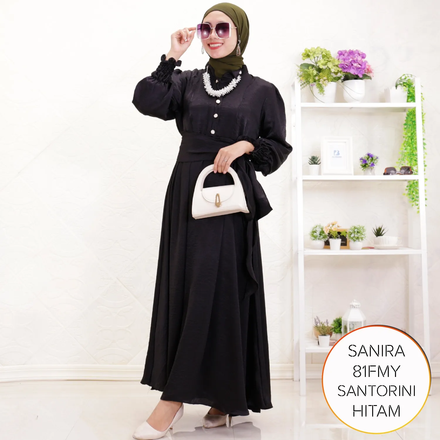 Gamis Pesta Santorini Silk Korean Look Lengan Kerut Set Obi Belt Sanira