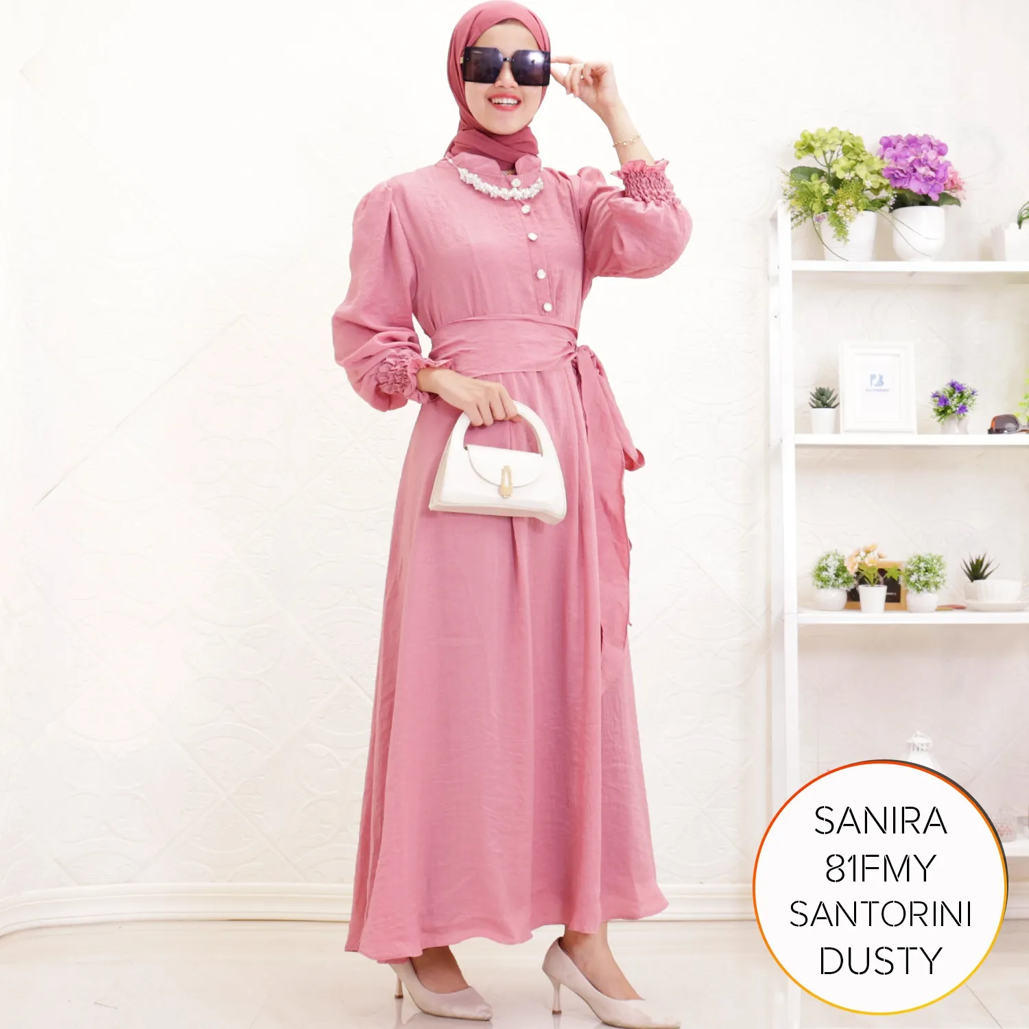 Gamis Pesta Santorini Silk Korean Look Lengan Kerut Set Obi Belt Sanira