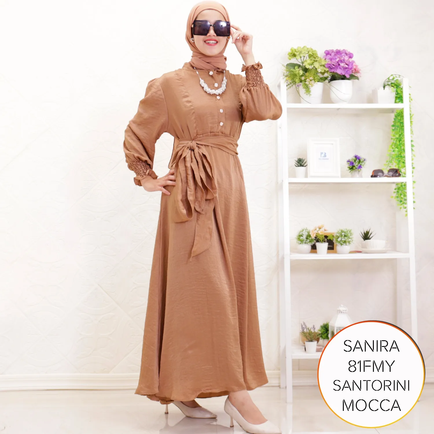 Gamis Pesta Santorini Silk Korean Look Lengan Kerut Set Obi Belt Sanira