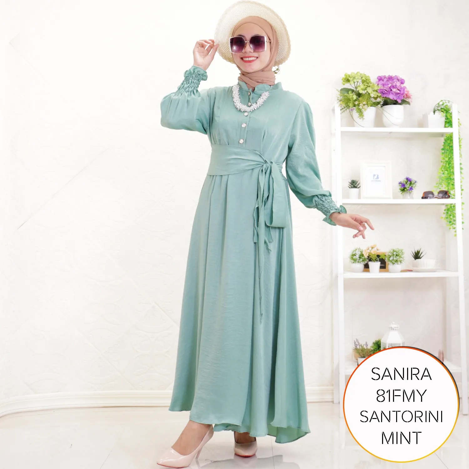 Gamis Pesta Santorini Silk Korean Look Lengan Kerut Set Obi Belt Sanira