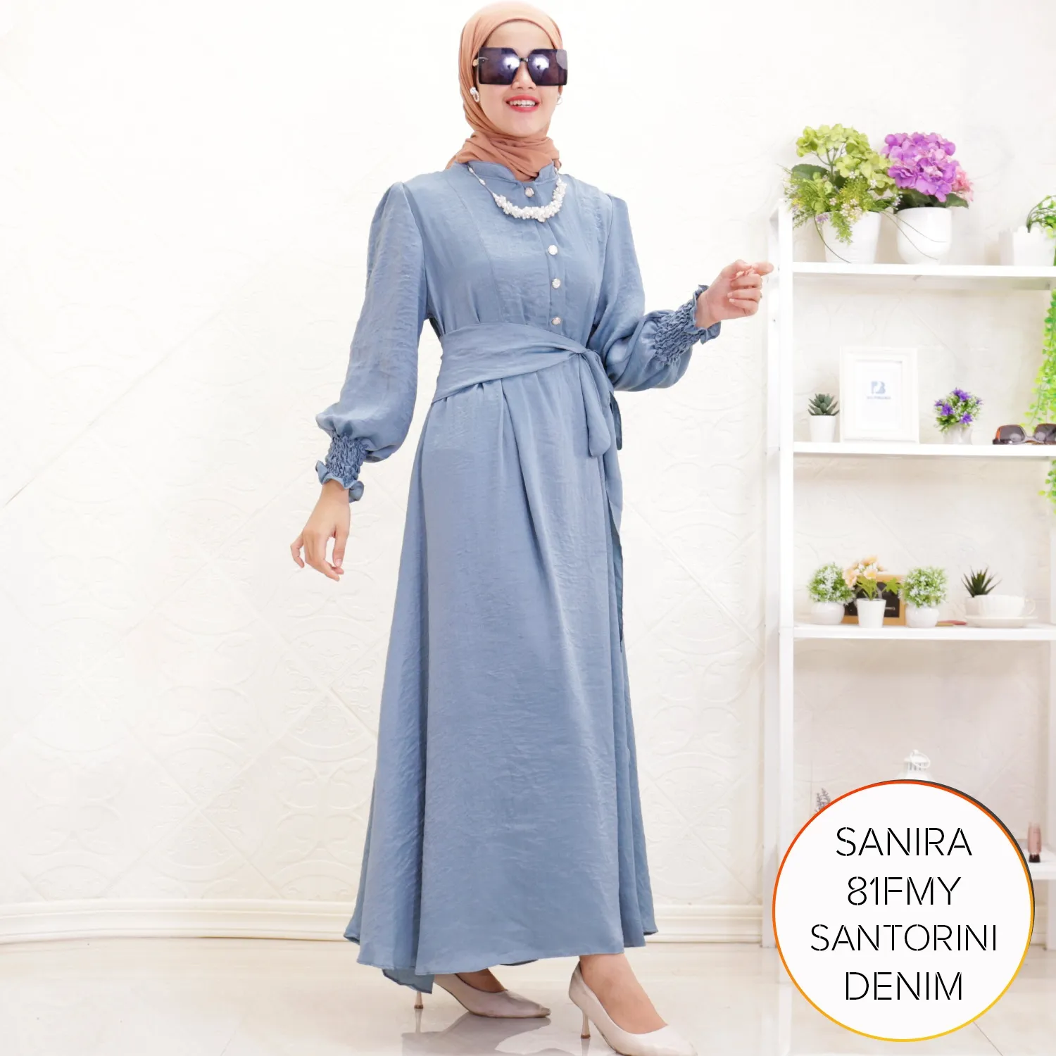 Gamis Pesta Santorini Silk Korean Look Lengan Kerut Set Obi Belt Sanira