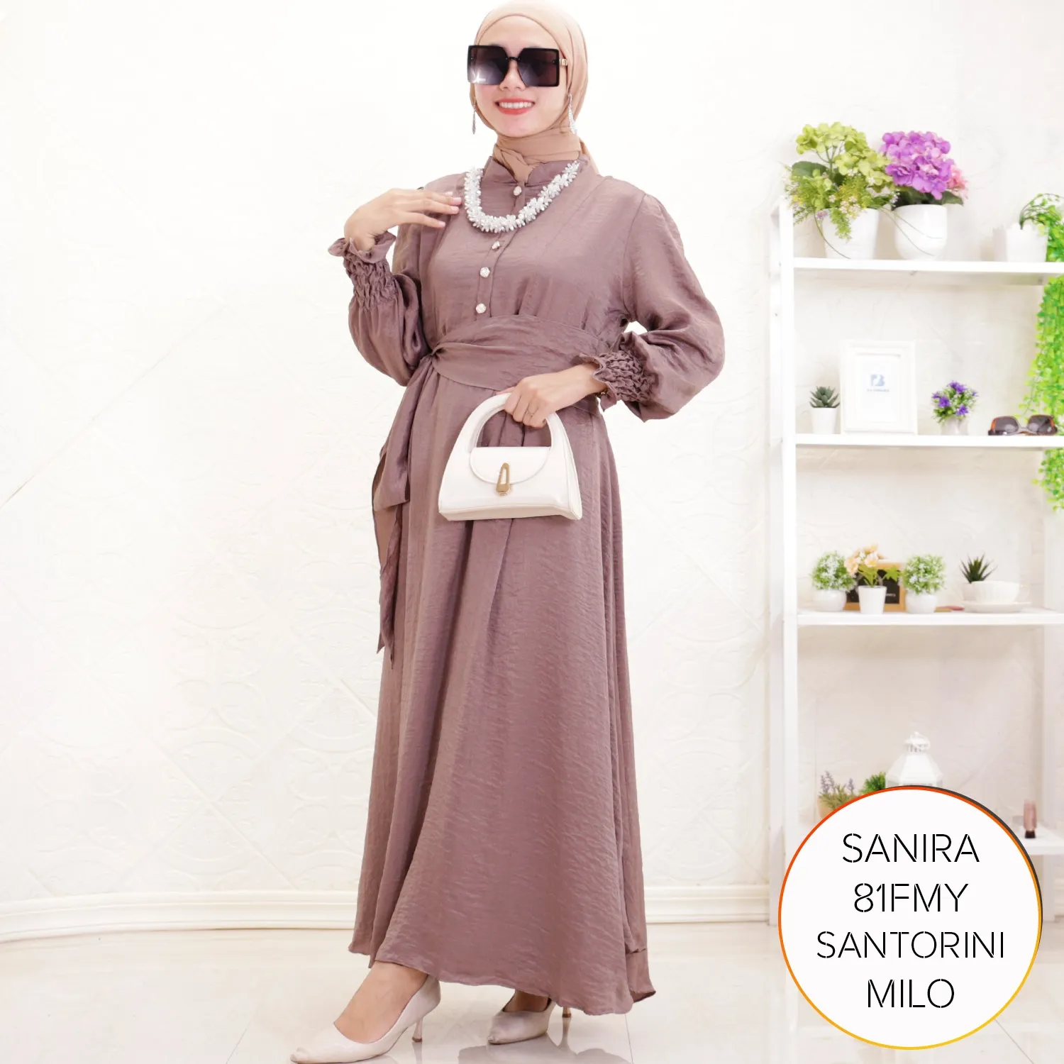 Gamis Pesta Santorini Silk Korean Look Lengan Kerut Set Obi Belt Sanira