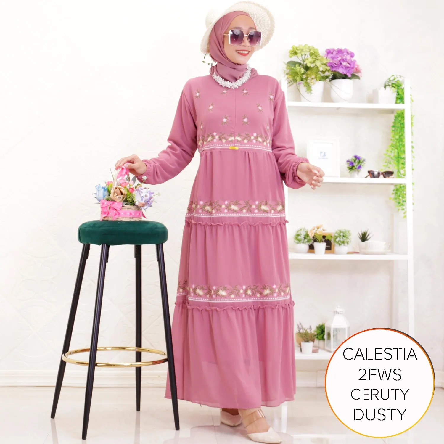 Gamis Ceruty Furing Bordir Timbul Busui Friendly Umpak Keliling Tali Pinggang Tangan Karet Calestia