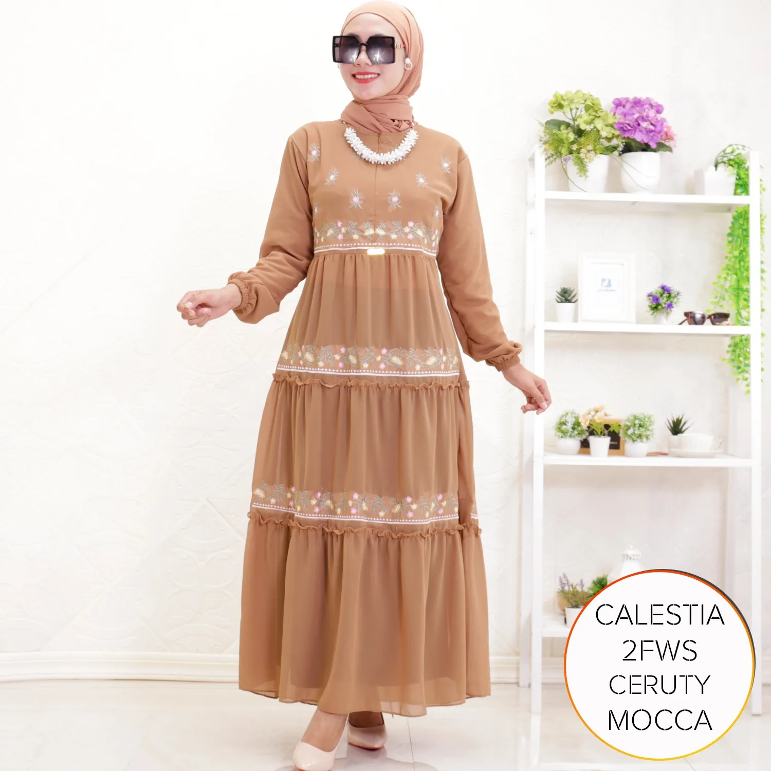 Gamis Ceruty Furing Bordir Timbul Busui Friendly Umpak Keliling Tali Pinggang Tangan Karet Calestia