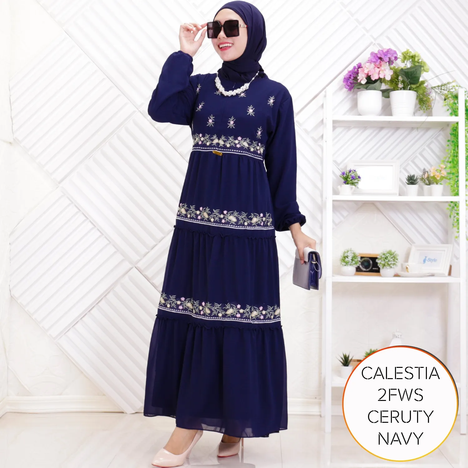 Gamis Ceruty Furing Bordir Timbul Busui Friendly Umpak Keliling Tali Pinggang Tangan Karet Calestia