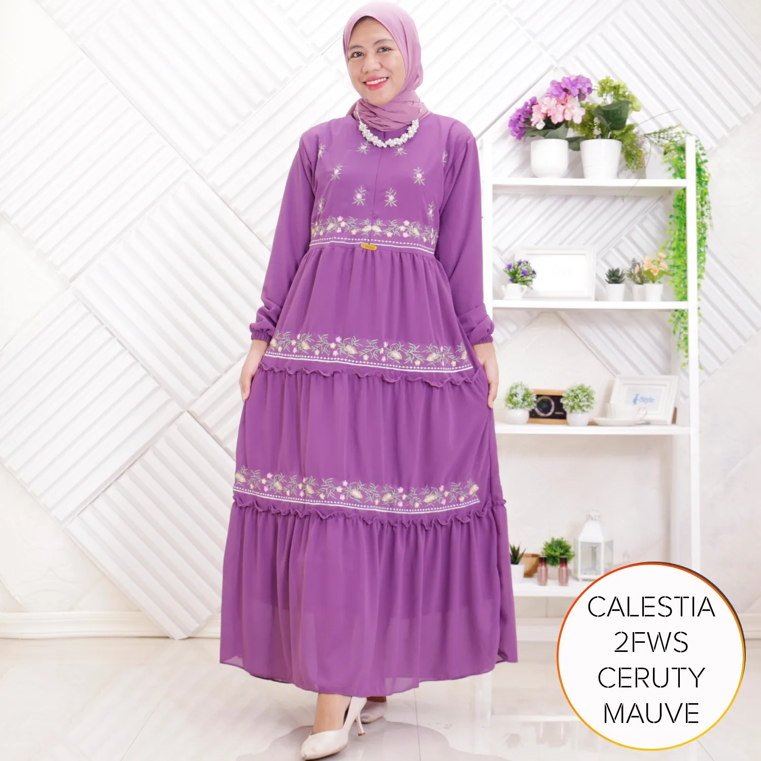 Gamis Ceruty Furing Bordir Timbul Busui Friendly Umpak Keliling Tali Pinggang Tangan Karet Calestia