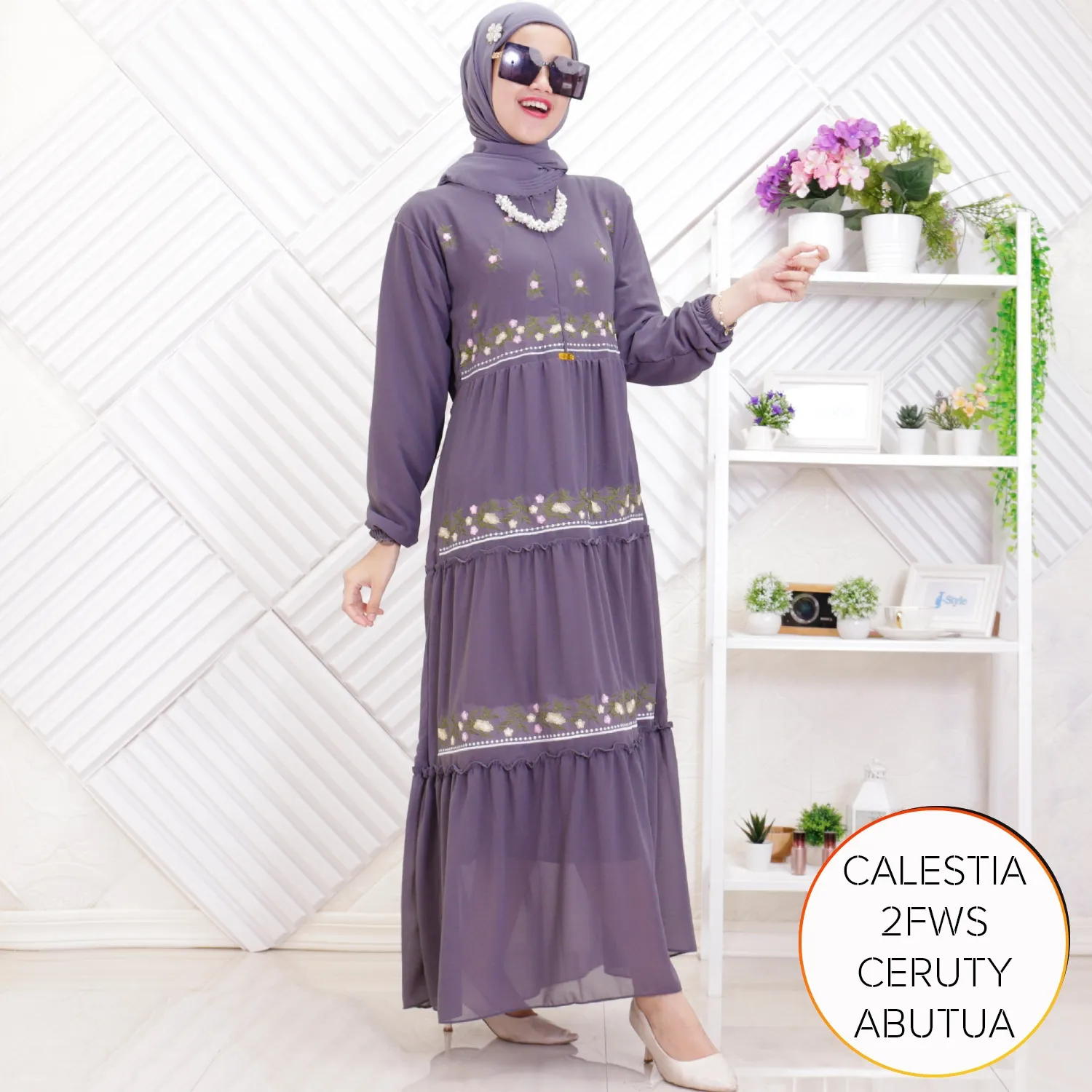 Gamis Ceruty Furing Bordir Timbul Busui Friendly Umpak Keliling Tali Pinggang Tangan Karet Calestia