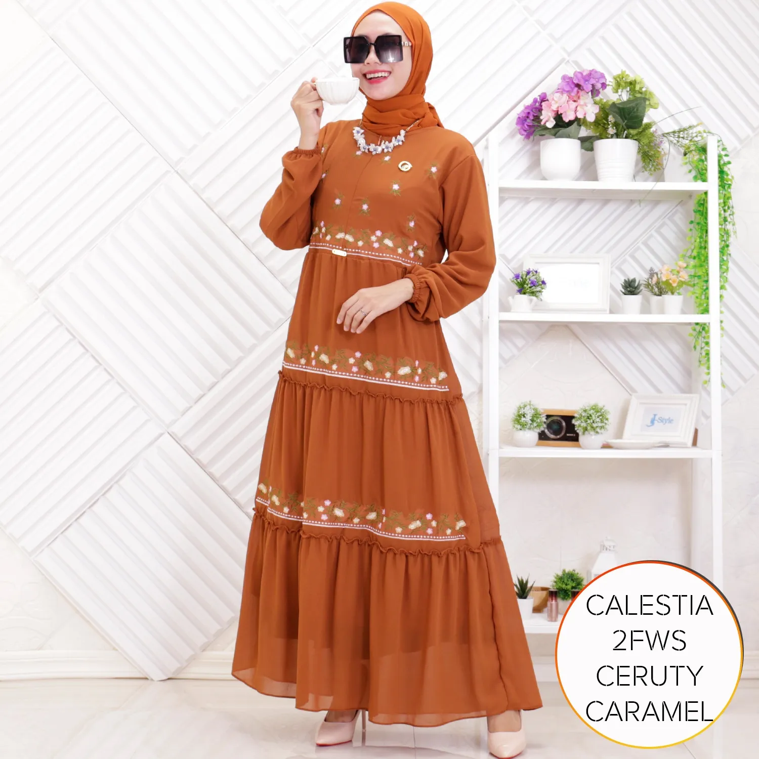 Gamis Ceruty Furing Bordir Timbul Busui Friendly Umpak Keliling Tali Pinggang Tangan Karet Calestia