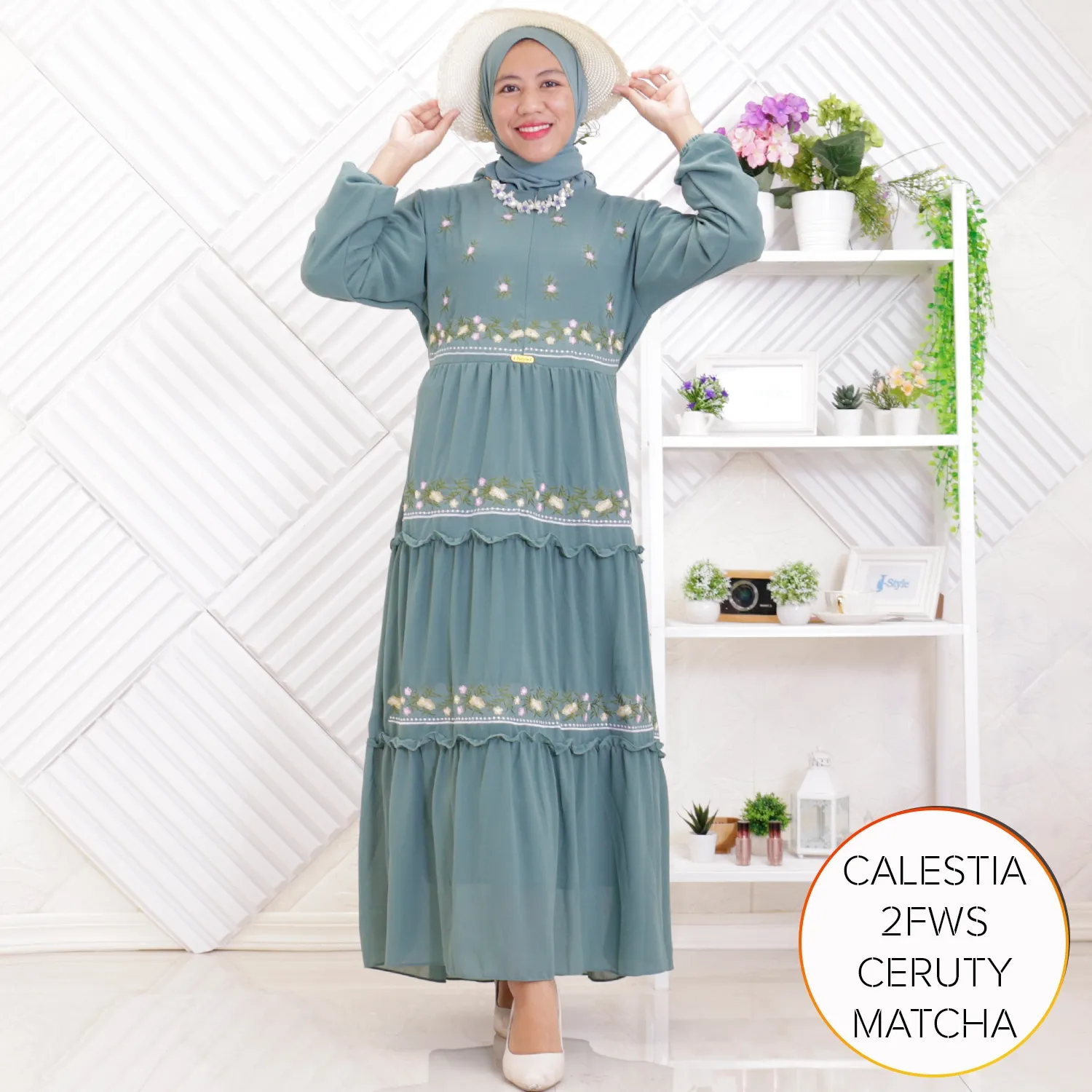 Gamis Ceruty Furing Bordir Timbul Busui Friendly Umpak Keliling Tali Pinggang Tangan Karet Calestia