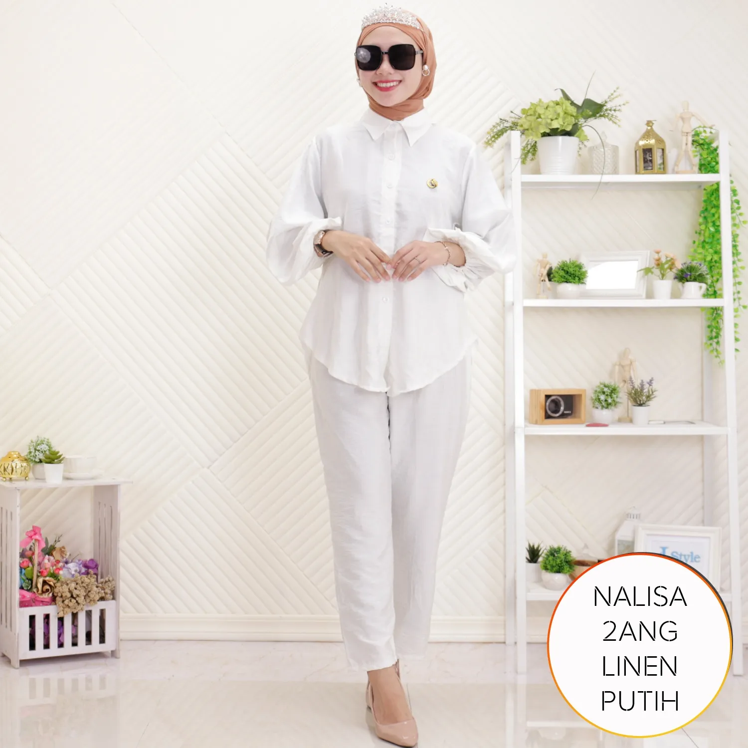 One Set Simple Korean Look Kekinian Kemeja Celana Kuliah Polo Linen Lengan Balon Nalisa