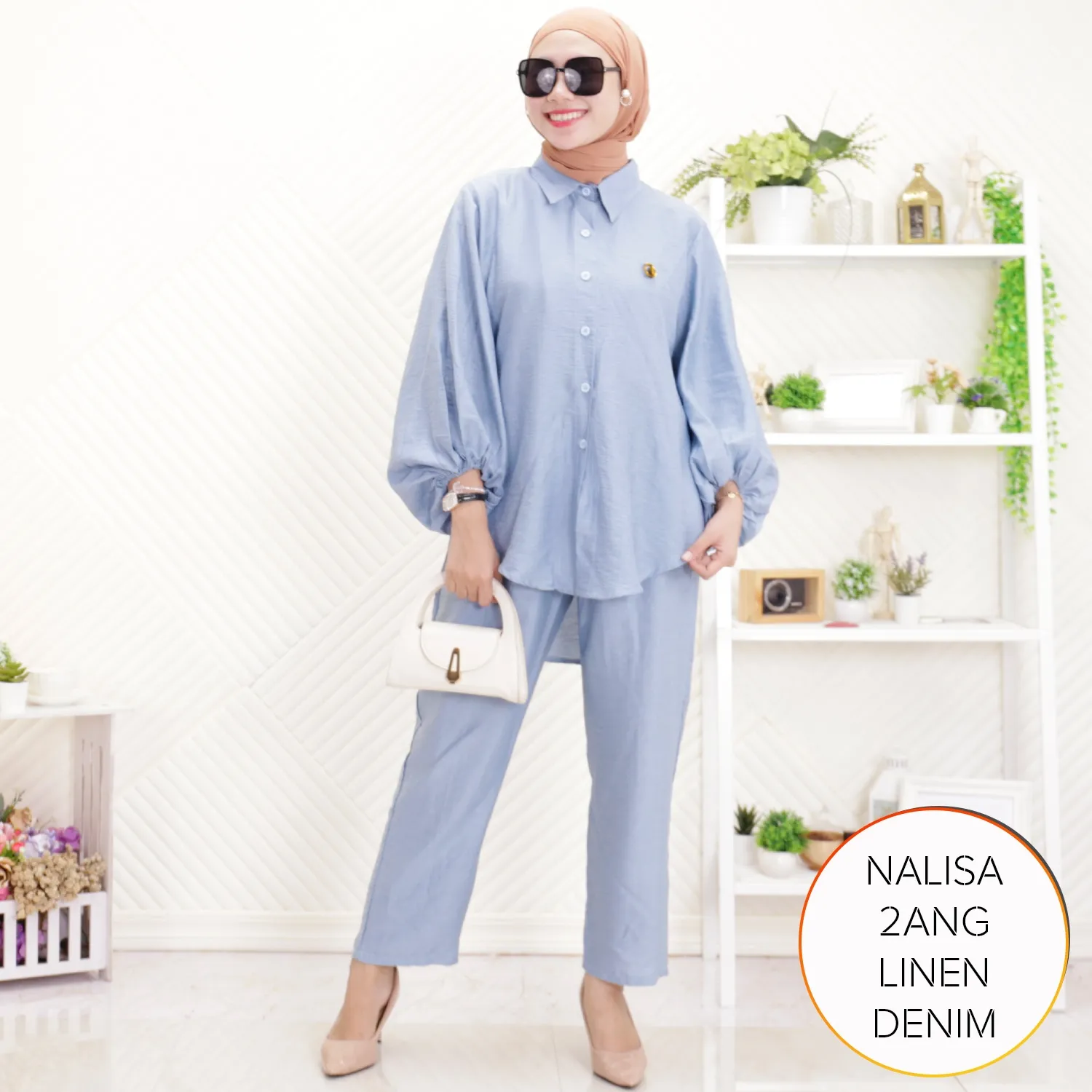 One Set Simple Korean Look Kekinian Kemeja Celana Kuliah Polo Linen Lengan Balon Nalisa