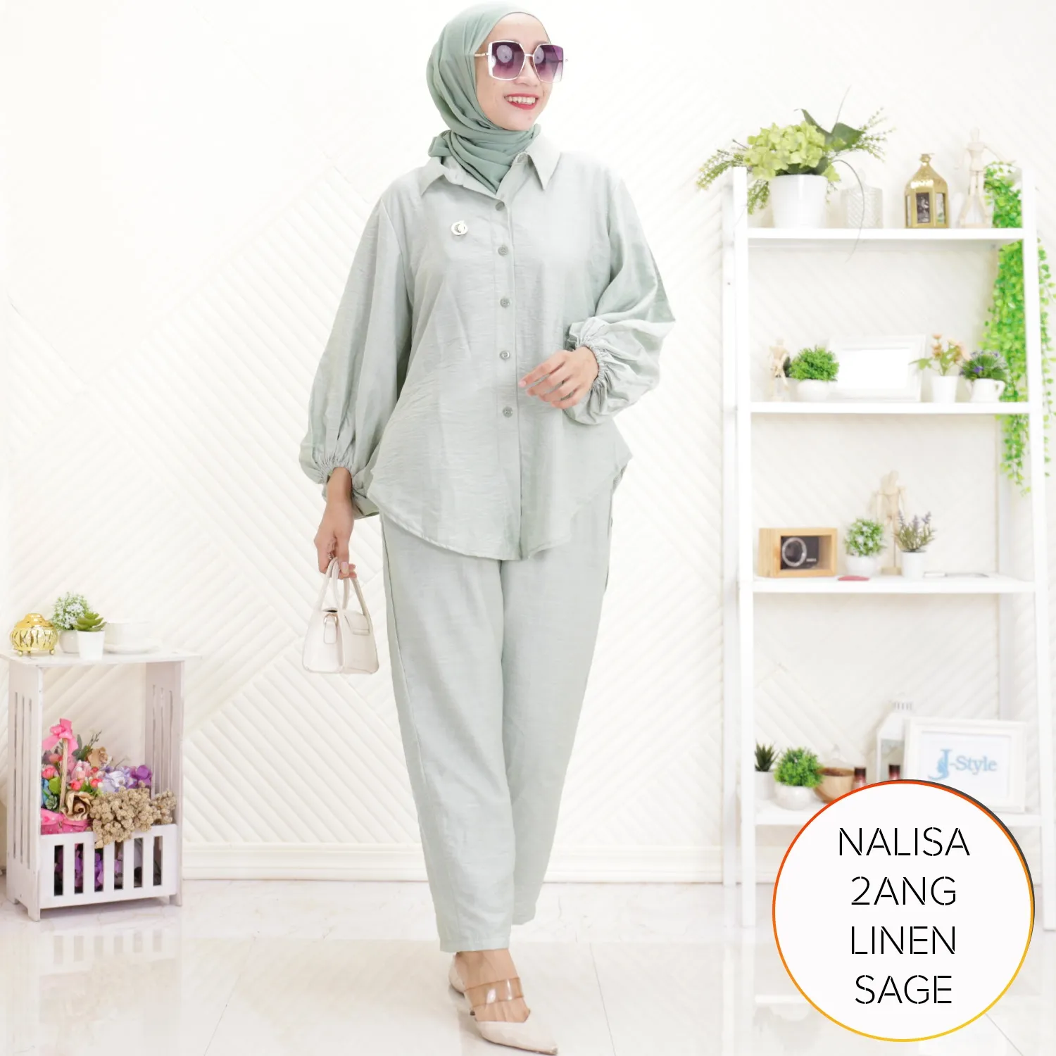 One Set Simple Korean Look Kekinian Kemeja Celana Kuliah Polo Linen Lengan Balon Nalisa