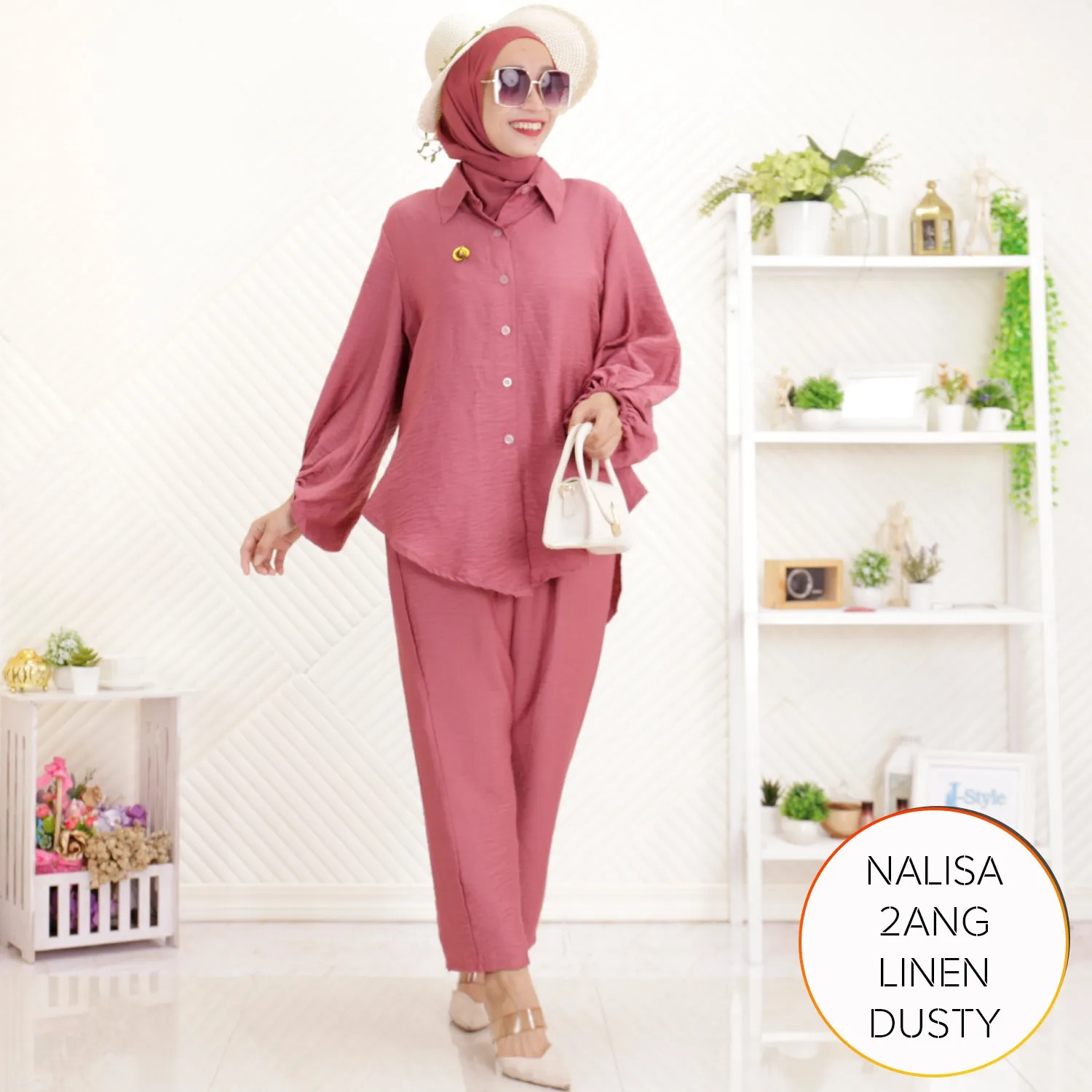 One Set Simple Korean Look Kekinian Kemeja Celana Kuliah Polo Linen Lengan Balon Nalisa