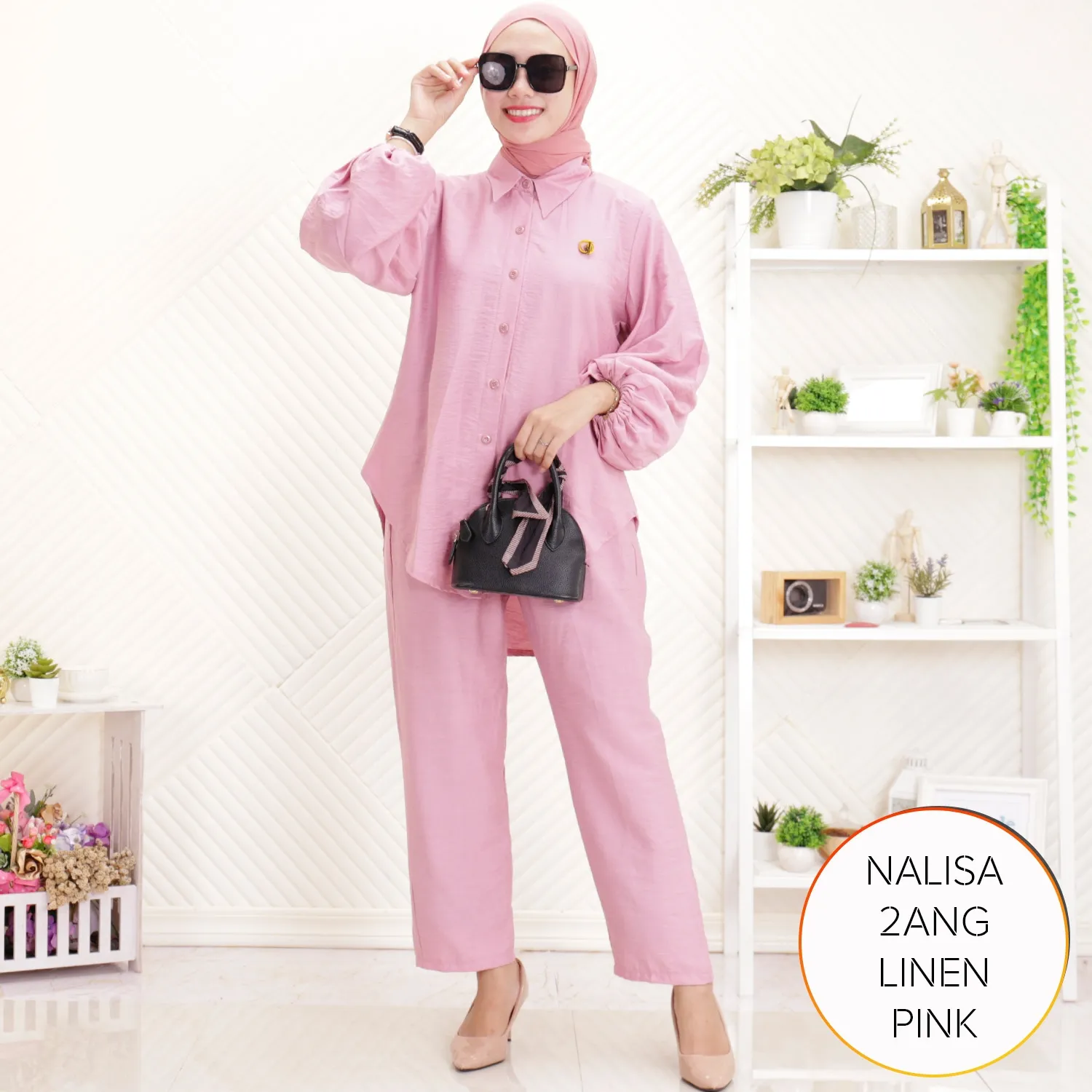 One Set Simple Korean Look Kekinian Kemeja Celana Kuliah Polo Linen Lengan Balon Nalisa