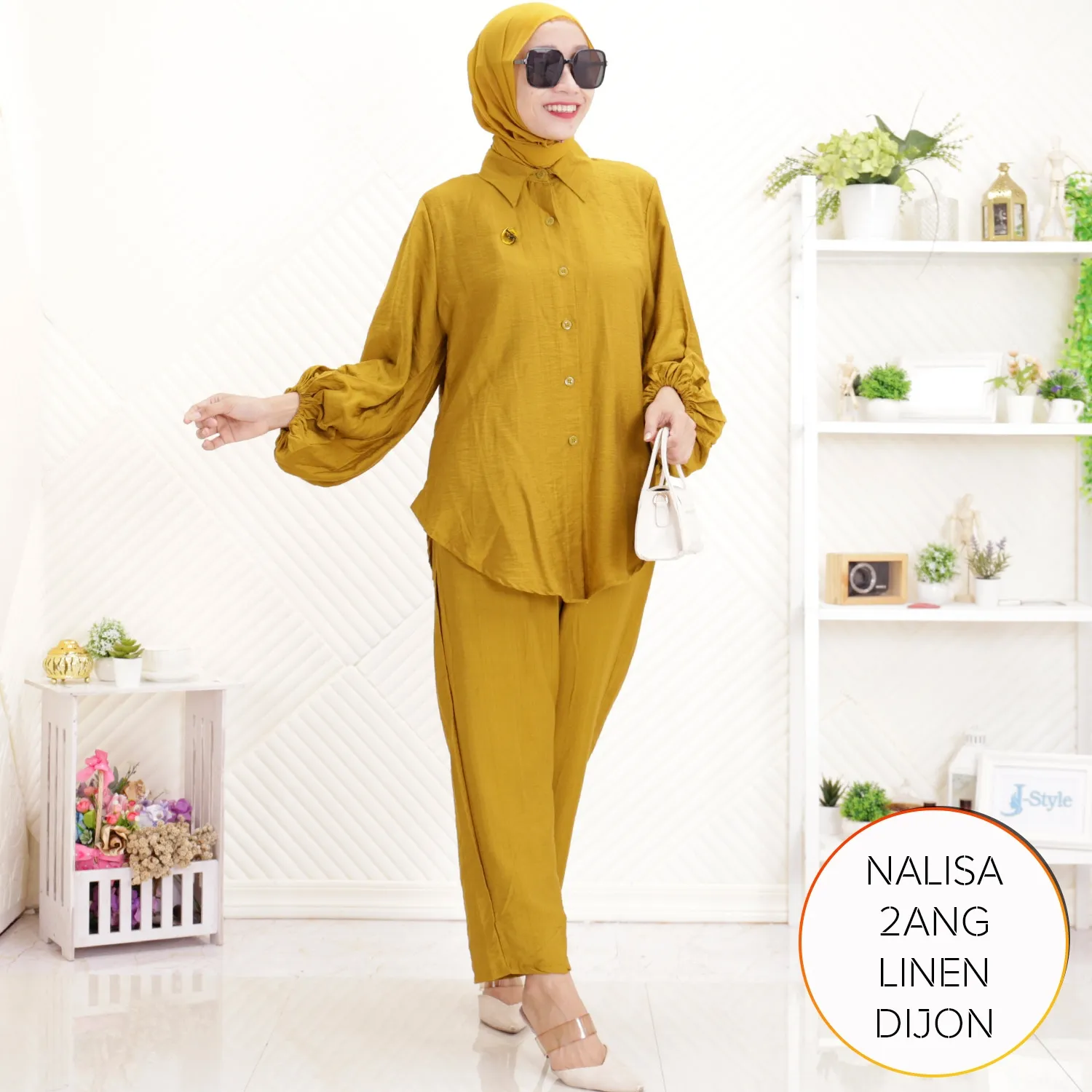 One Set Simple Korean Look Kekinian Kemeja Celana Kuliah Polo Linen Lengan Balon Nalisa