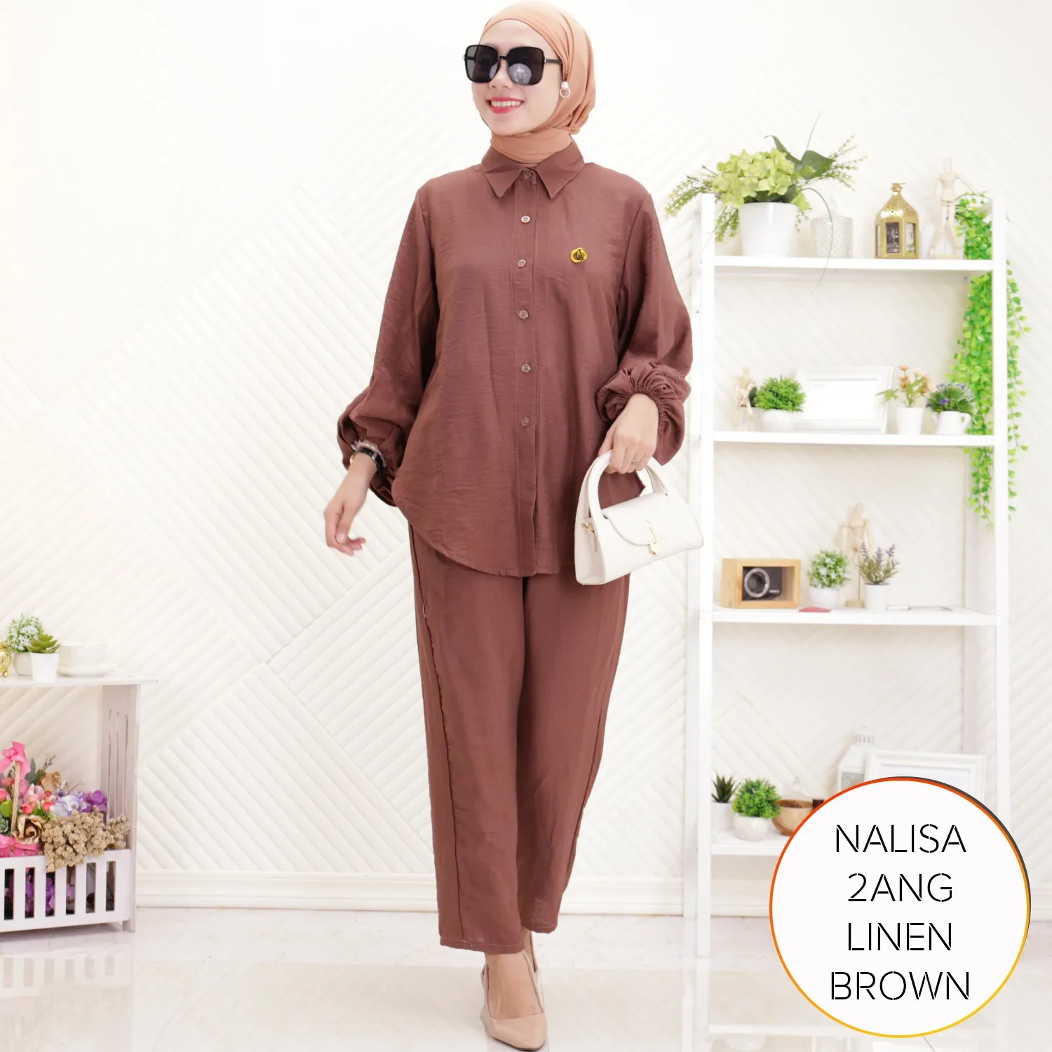 One Set Simple Korean Look Kekinian Kemeja Celana Kuliah Polo Linen Lengan Balon Nalisa 2ANG Linen - bajubaru.id, Belanja Online di bajubaru.id saja 