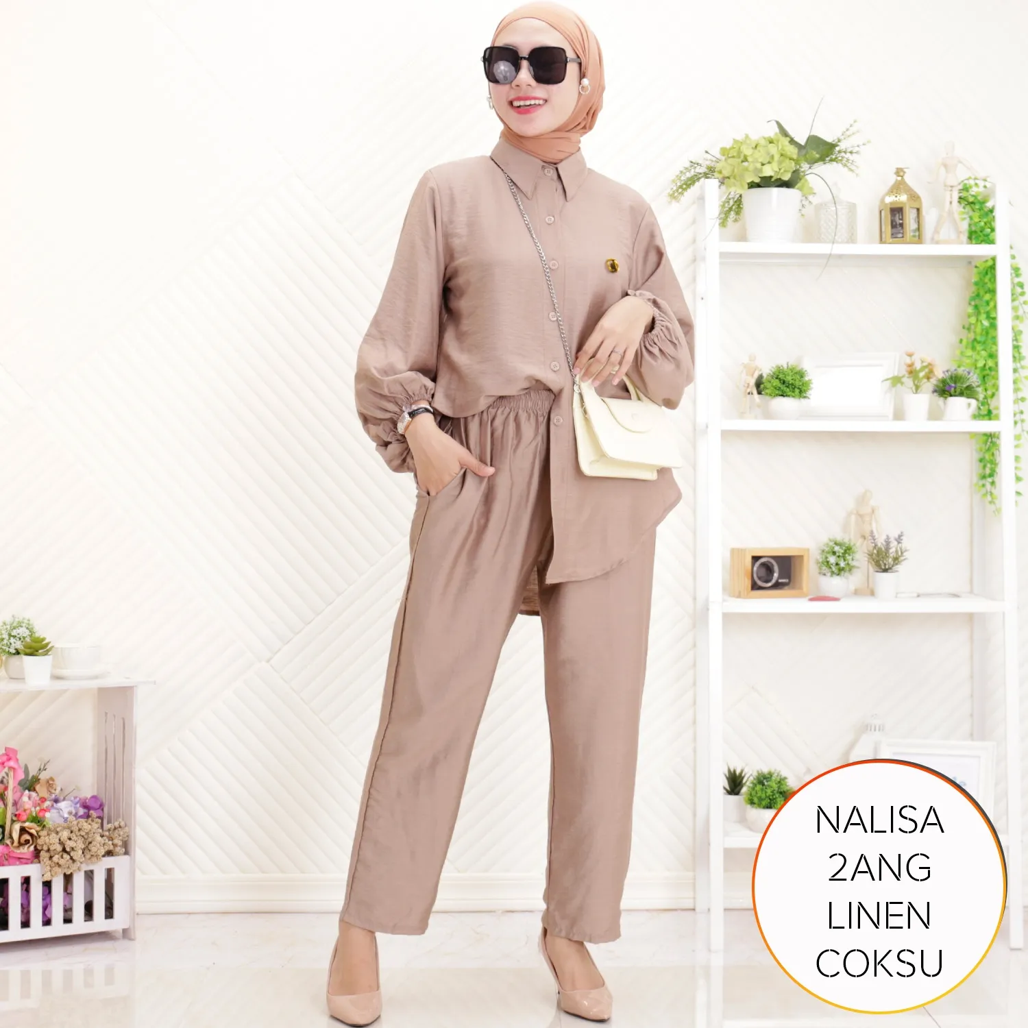 One Set Simple Korean Look Kekinian Kemeja Celana Kuliah Polo Linen Lengan Balon Nalisa