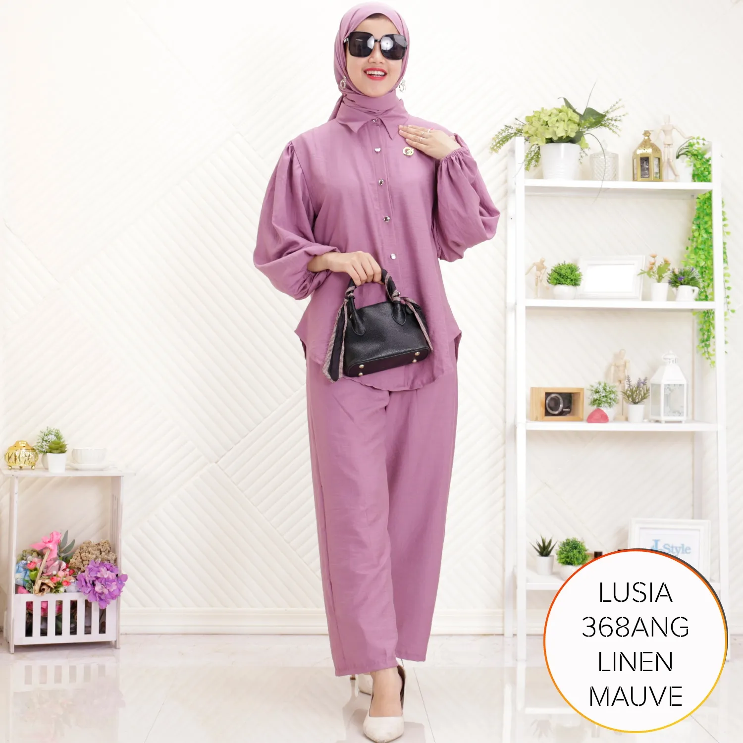 One Set Setelan Kemeja Celana Wanita Kantoran Polo Linen Simpel Elegan Lengan Balon Lusia C 4