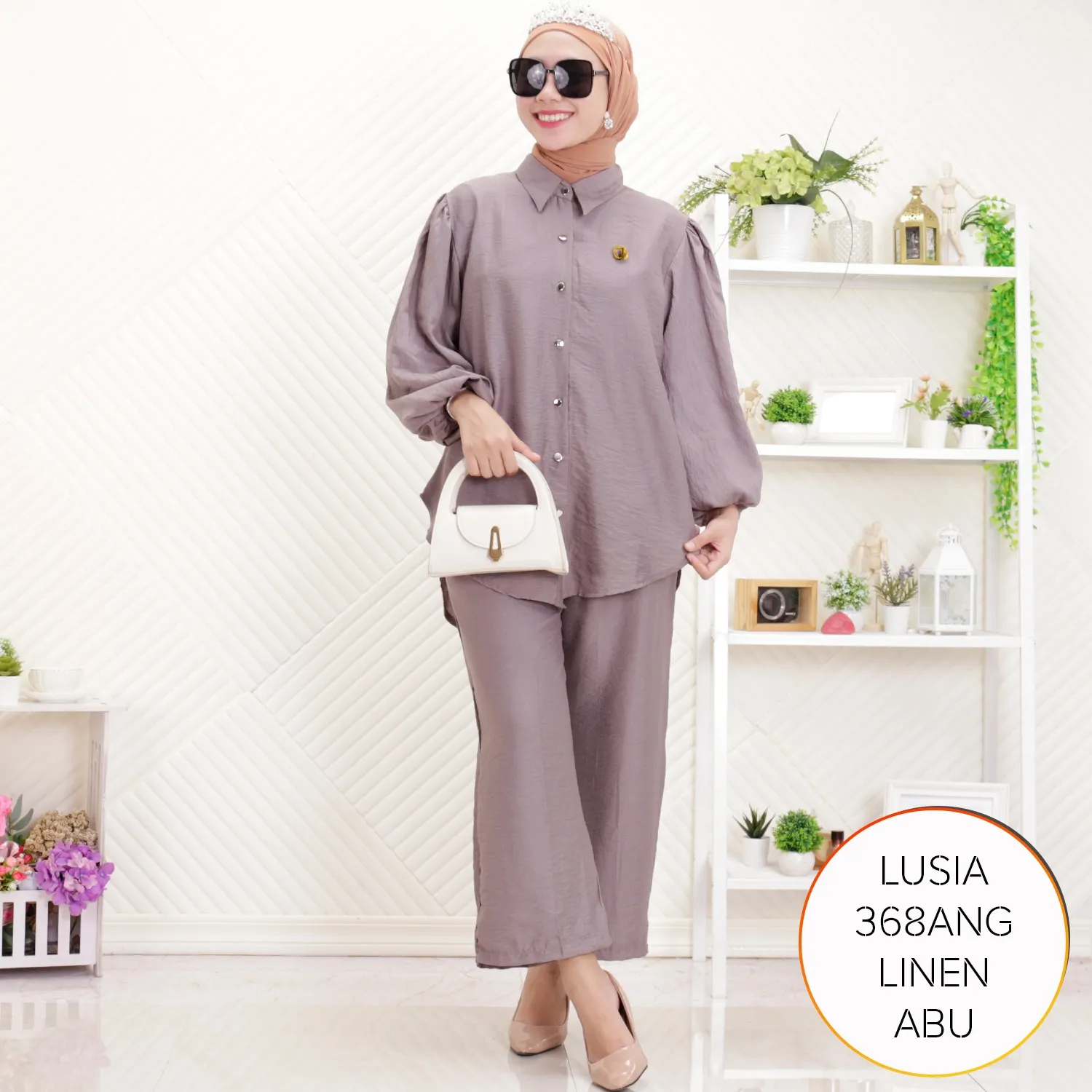 One Set Setelan Kemeja Celana Wanita Kantoran Polo Linen Simpel Elegan Lengan Balon Lusia C 4