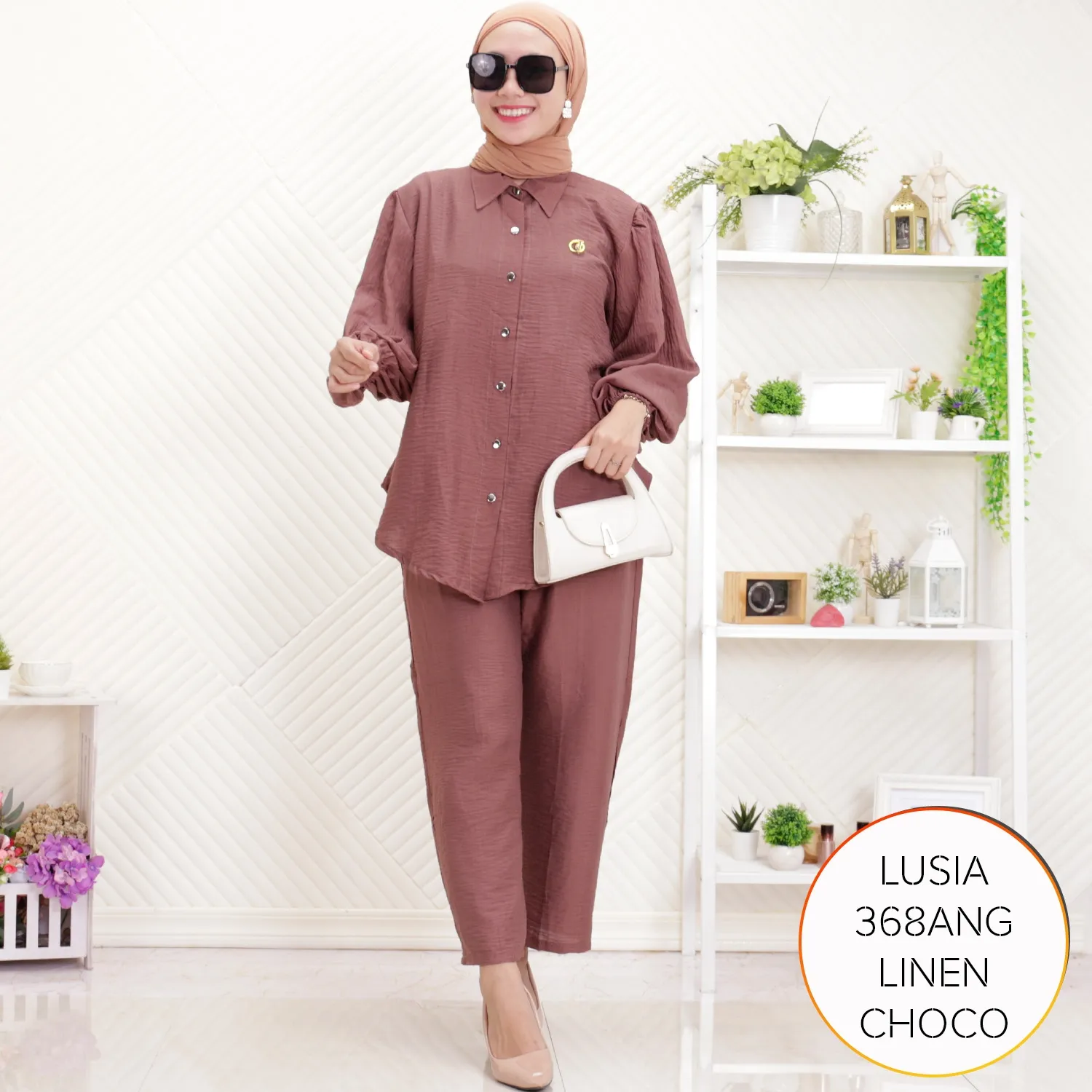 One Set Setelan Kemeja Celana Wanita Kantoran Polo Linen Simpel Elegan Lengan Balon Lusia C 4