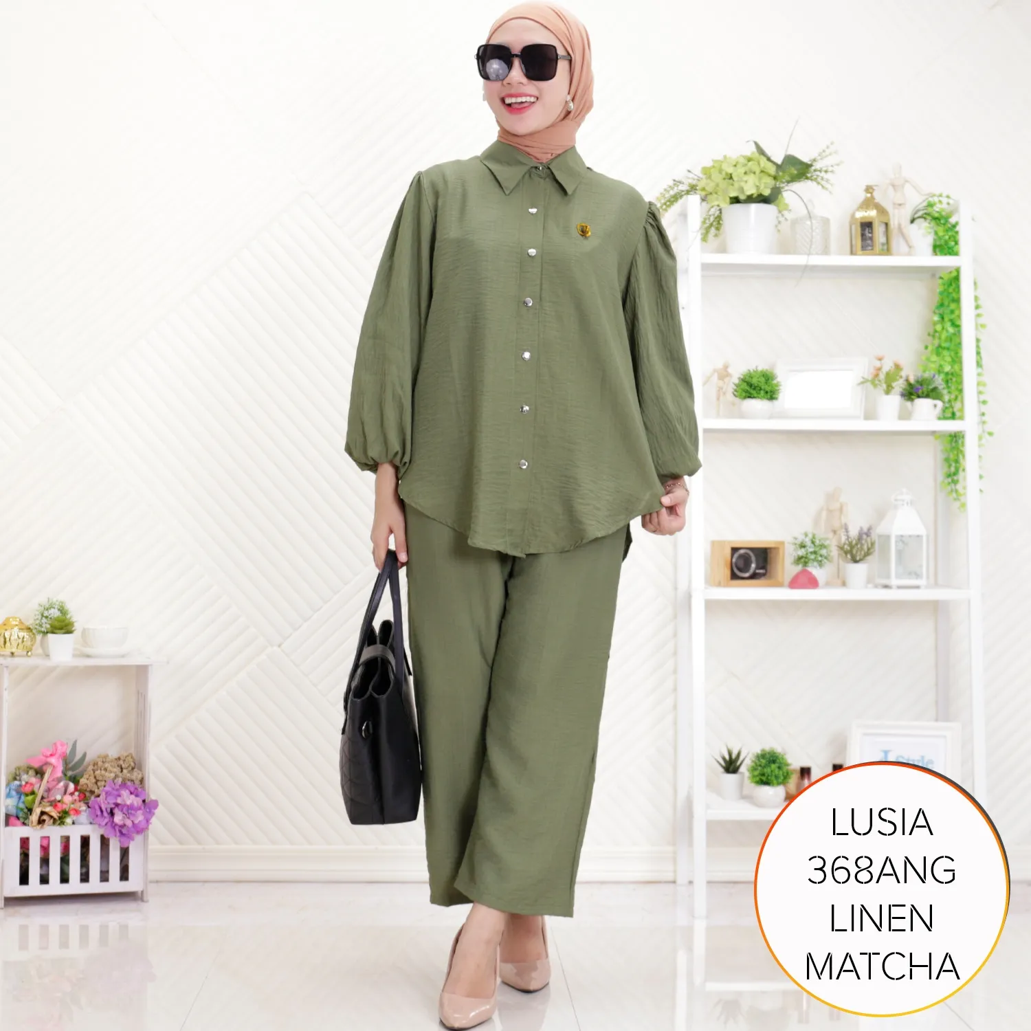 One Set Setelan Kemeja Celana Wanita Kantoran Polo Linen Simpel Elegan Lengan Balon Lusia C 4