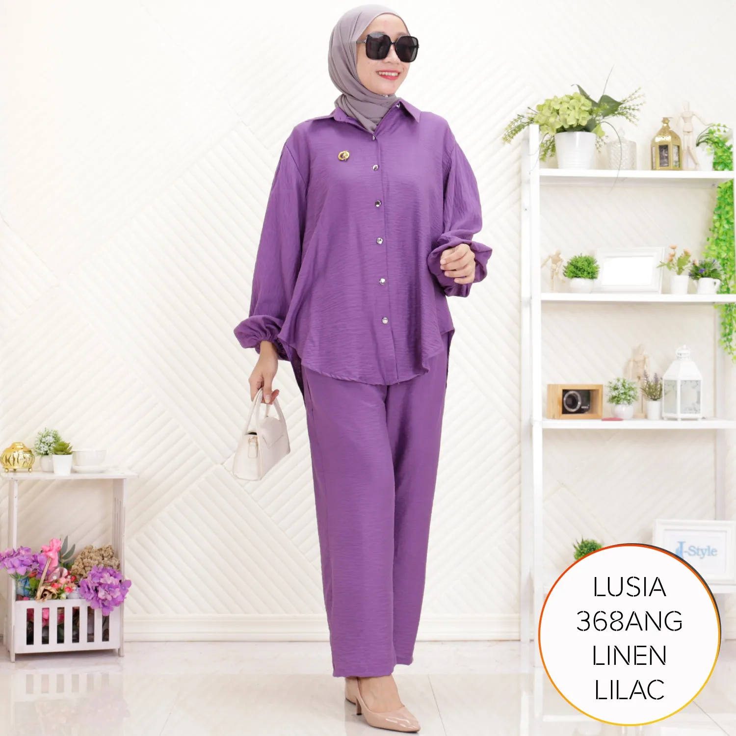 One Set Setelan Kemeja Celana Wanita Kantoran Polo Linen Simpel Elegan Lengan Balon Lusia C 4