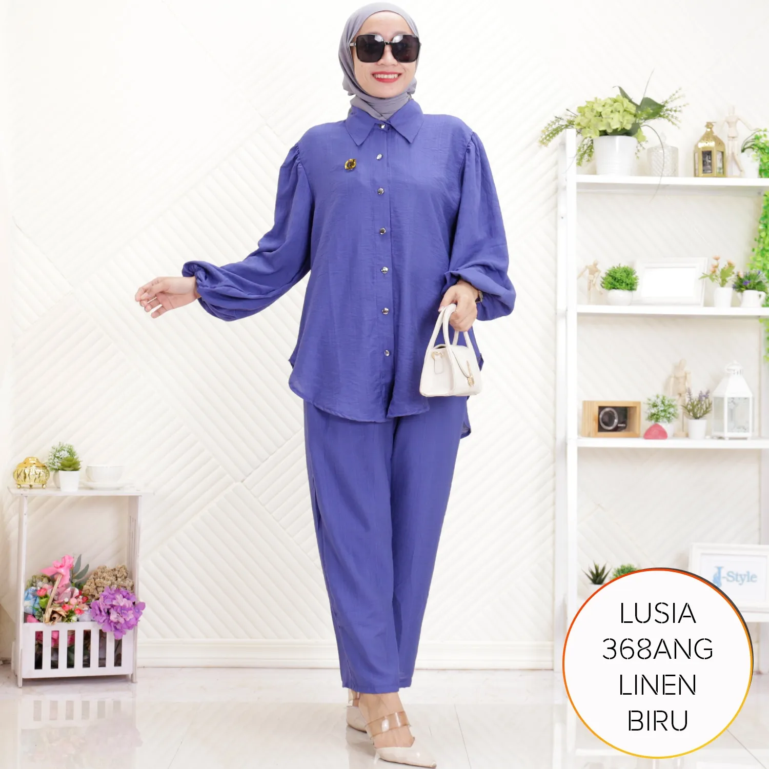 One Set Setelan Kemeja Celana Wanita Kantoran Polo Linen Simpel Elegan Lengan Balon Lusia C 4