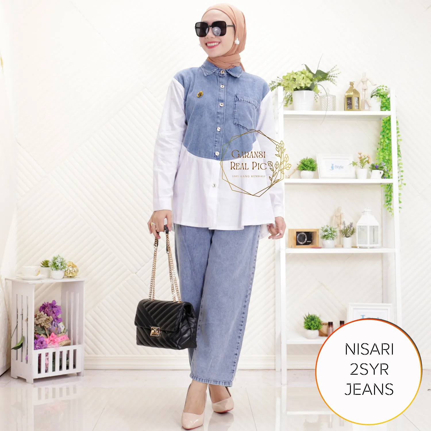 One Set Kemeja Jeans Kombinasi Busui Friendly Nisari 2SYR Jeans - bajubaru.id, Belanja Online di bajubaru.id saja 