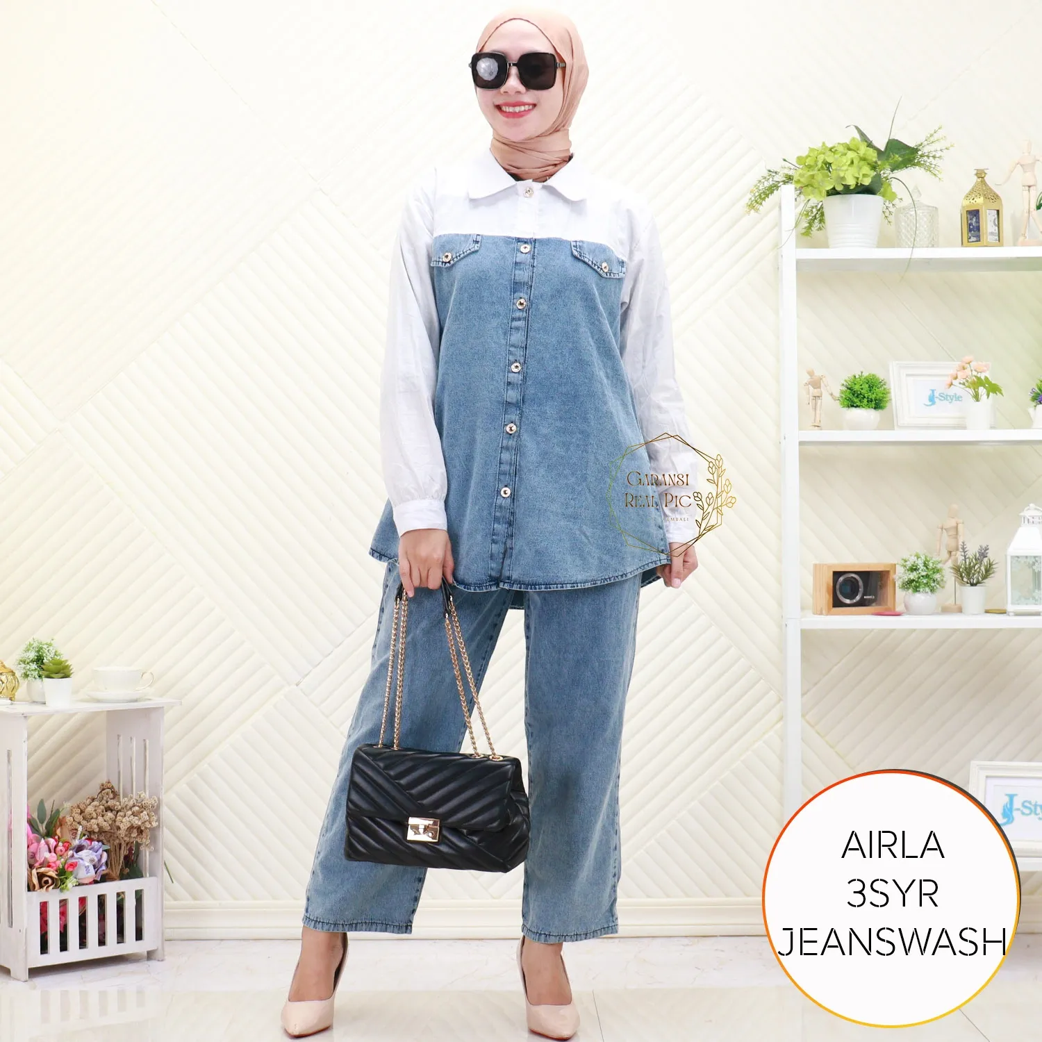 One Set Setelan Wanita Muslimah Jeans Tebal Korean Style Kemeja Full Kancing Variasi Saku Airla 3SYR Jean wash - bajubaru.id, Belanja Online di bajubaru.id saja 