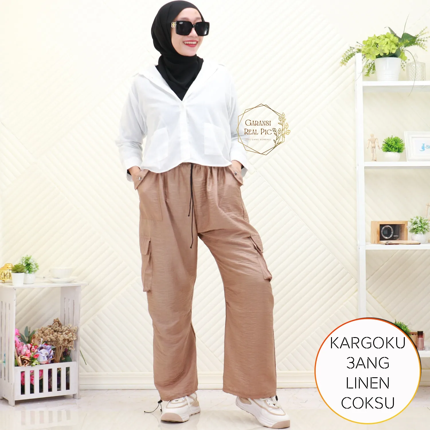 Celana Panjang Cargo Wanita Muslimah Highwaist Korean Style  Polo Linen Kargoku