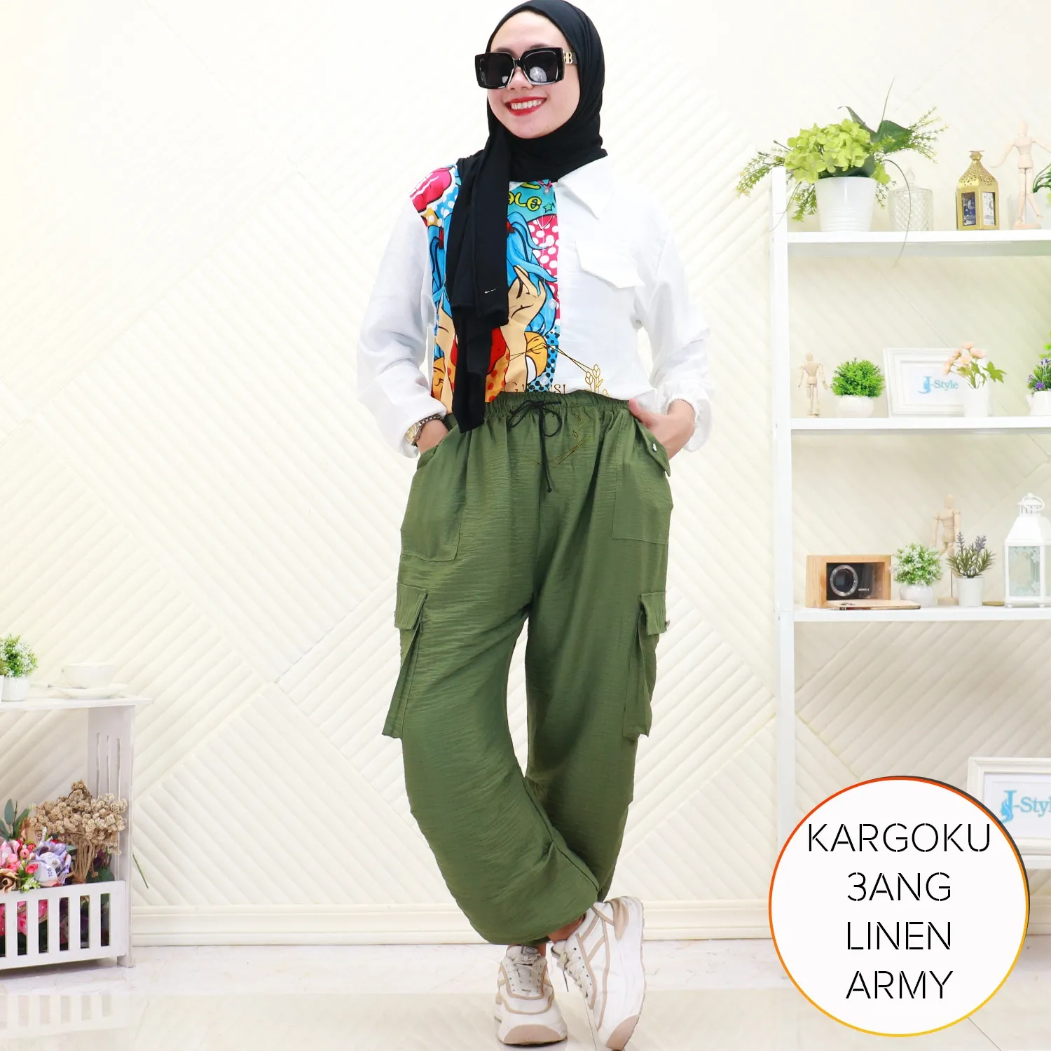 Celana Panjang Cargo Wanita Muslimah Highwaist Korean Style  Polo Linen Kargoku