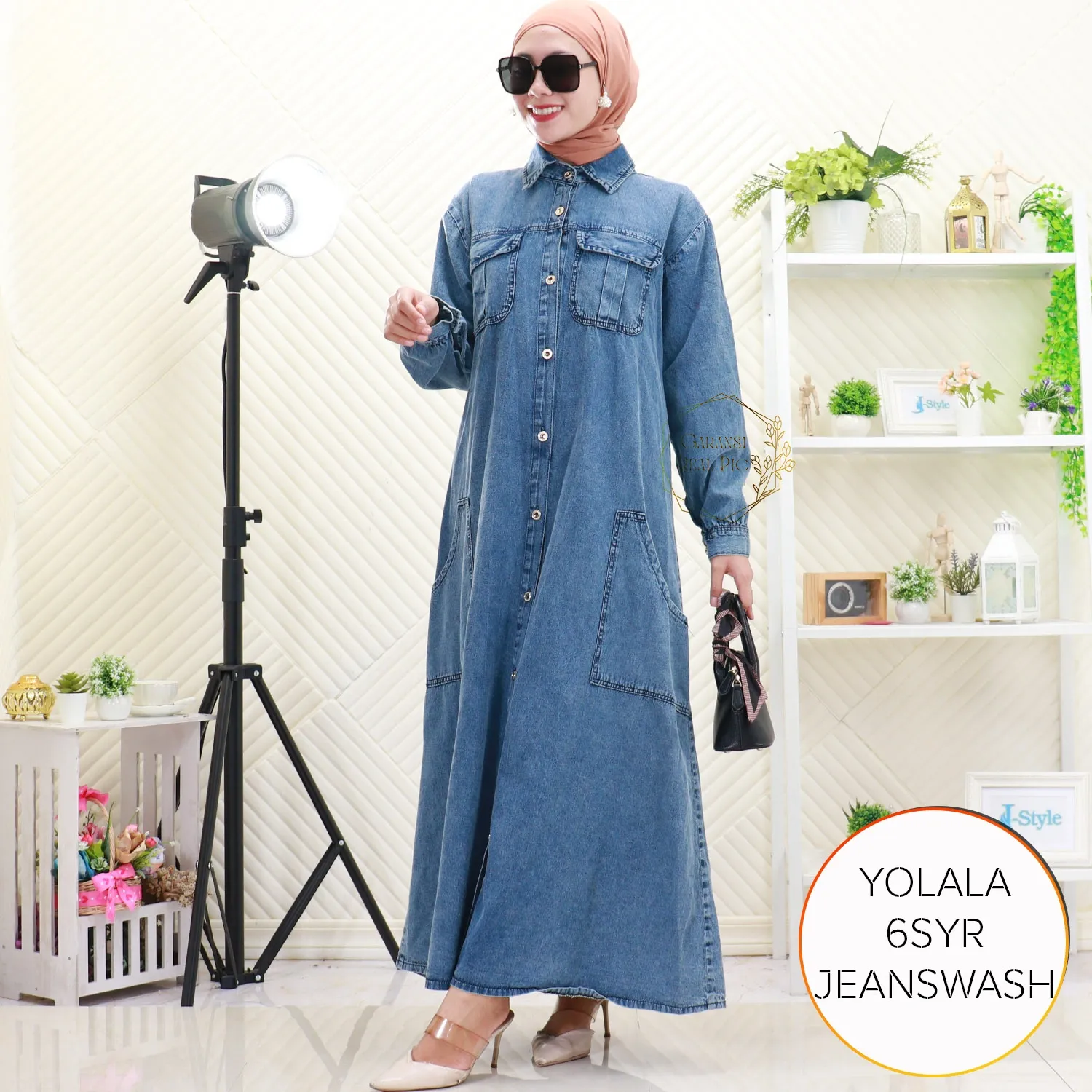 Gamis Jeans Wash Korean Style Full Kancing Saku Depan Yolala