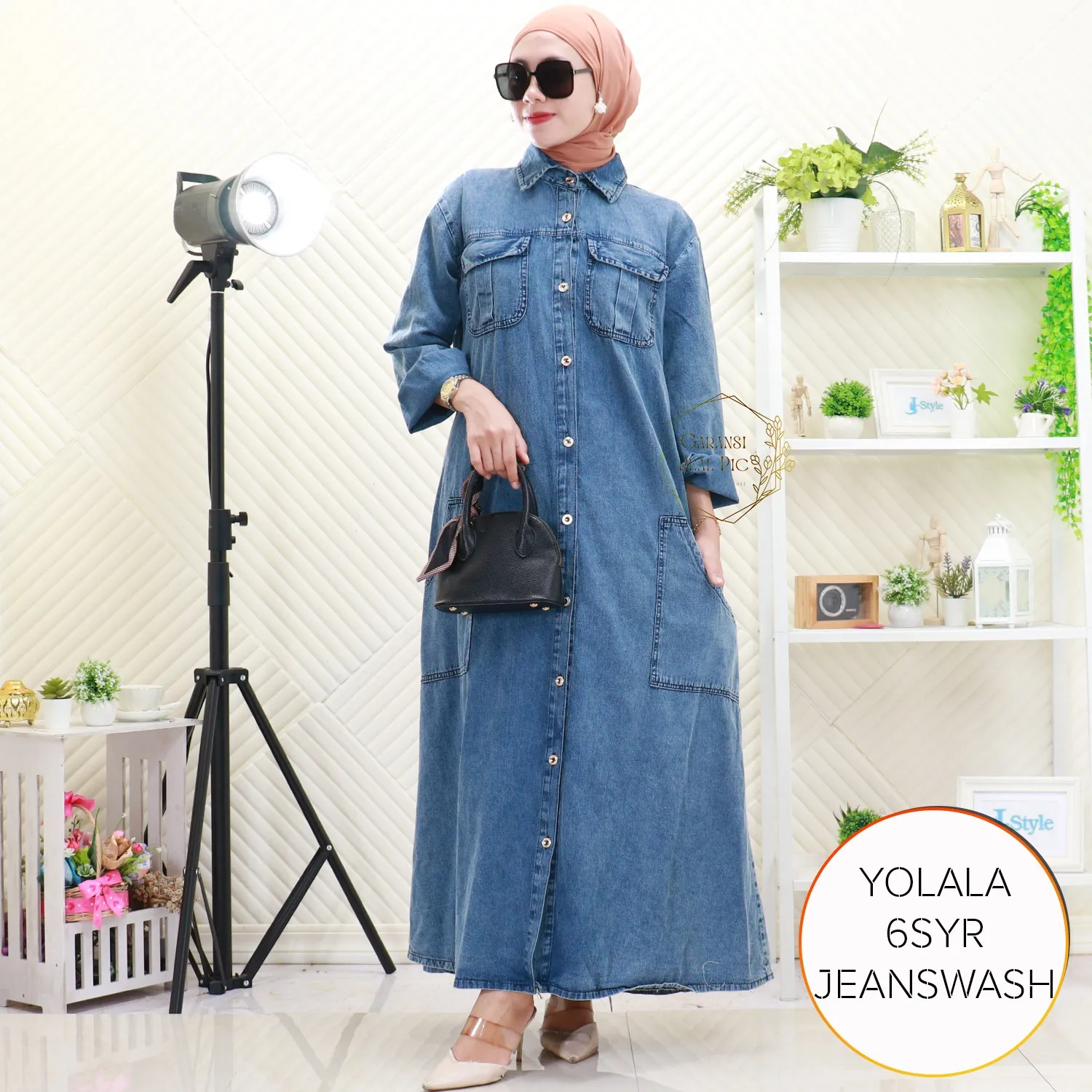 Gamis Jeans Wash Korean Style Full Kancing Saku Depan Yolala