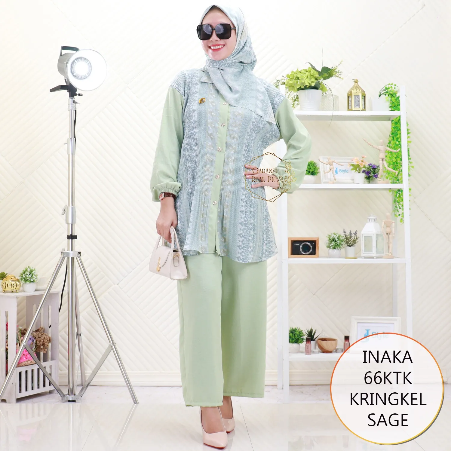 Inaka One Set Tunik Jumbo Crinkle Plisket Lidi Motif Set Hijab Segi Empat